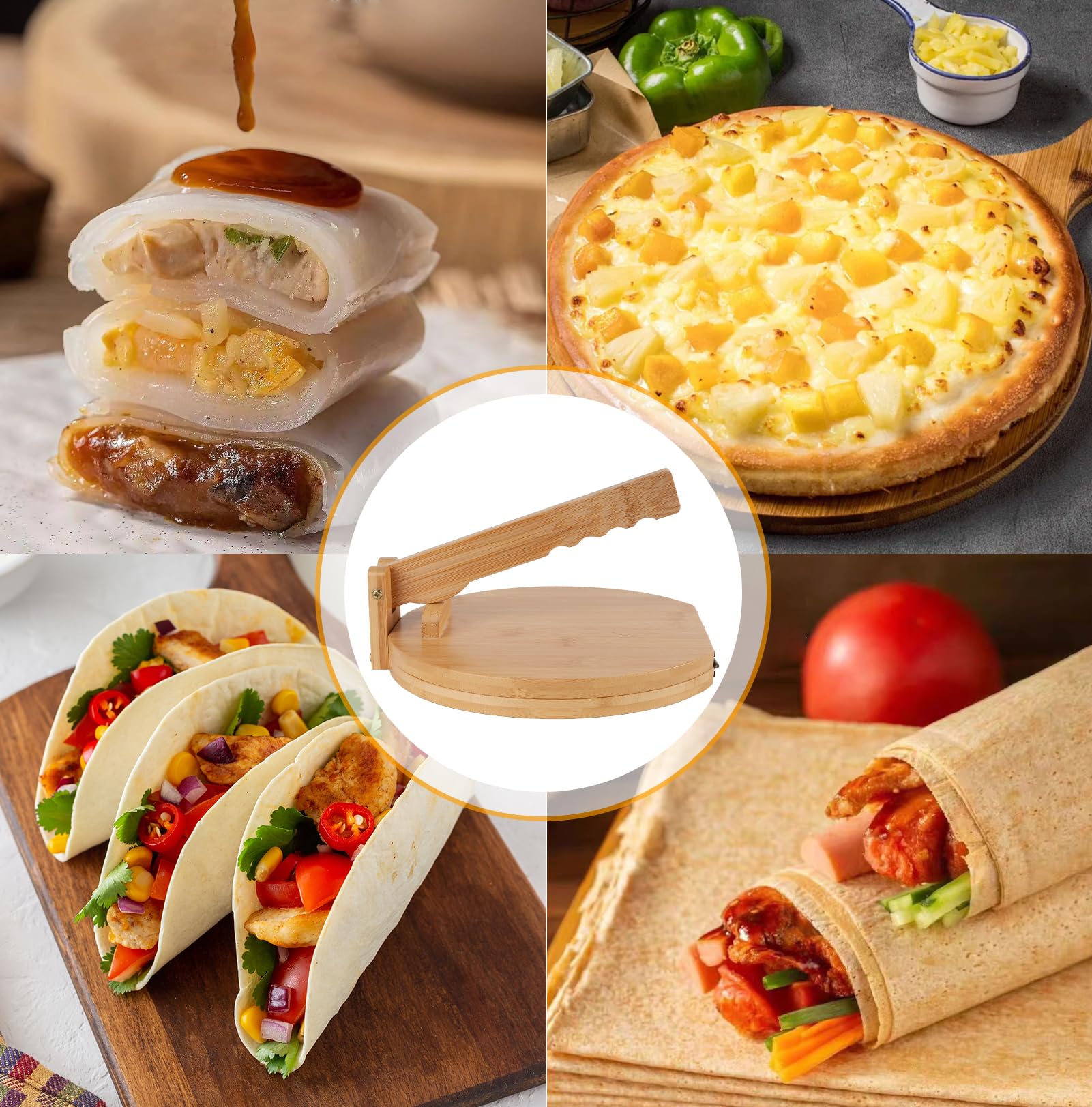 10 Inch Wooden Tortilla Press with Rolling Pin & 50 Pcs Parchment Paper - Authentic Mexican Tortilla Maker for Homemade Tortillas, Roti, Dough - Perfect for Taco Night, Meal Prep & Latin Cooking