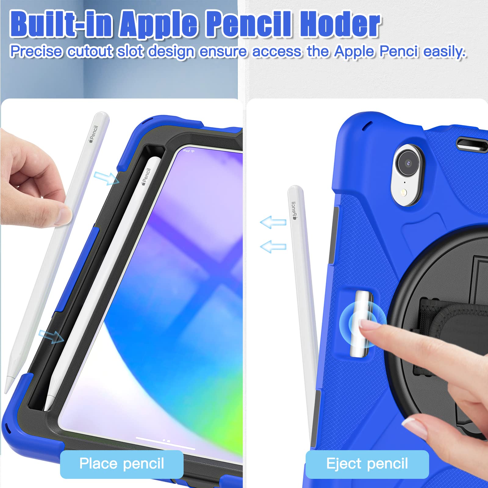 ZenRich iPad Mini 7 Case A17 Pro (2024) - Heavy Duty Shockproof Rugged Protective Cover for iPad Mini 7th/6th Generation with Pencil Holder, Kickstand, Hand Strap & Shoulder Belt - Perfect for Outdoor, Travel, Work & School (Blue)
