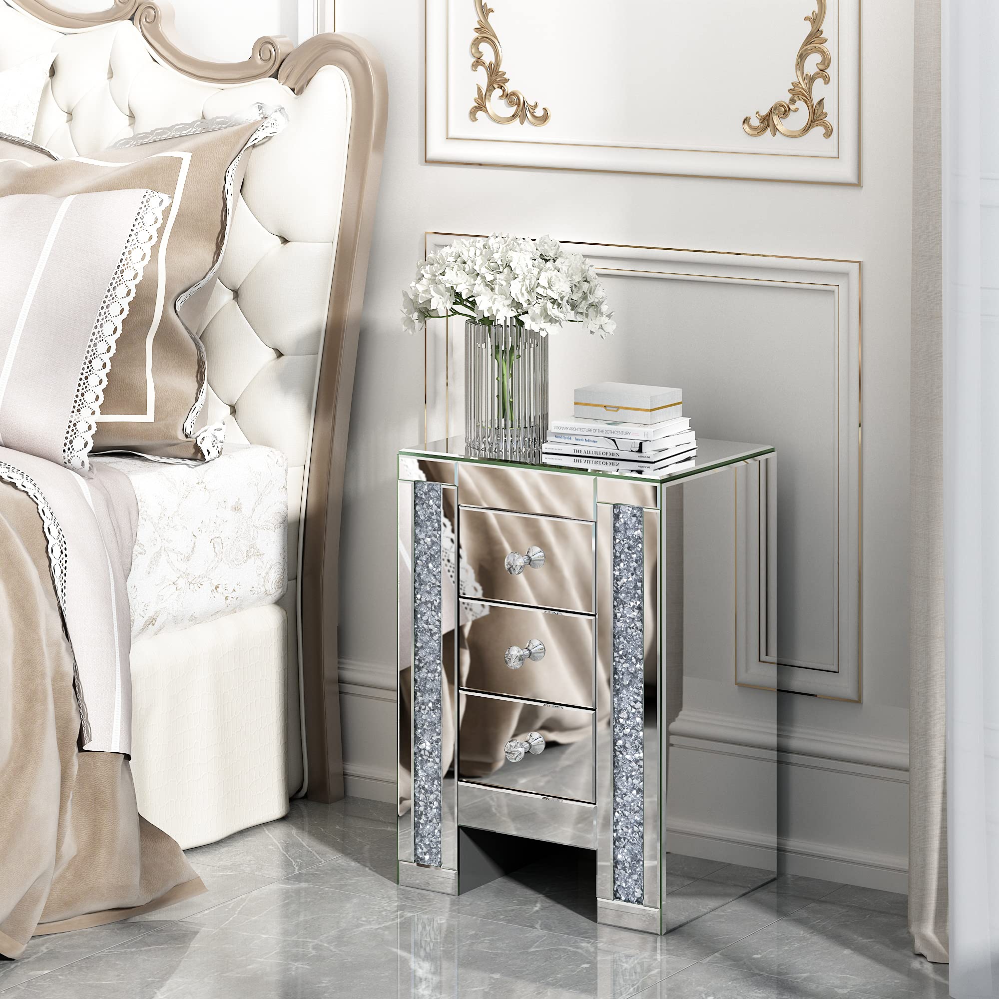 JAXPETY Silver Mirrored 3-Drawer Nightstand with Sparkly Crushed Crystal - Elegant Glass End Table for Bedroom, Living Room & Home Office - Perfect for Small Spaces & Modern Decor