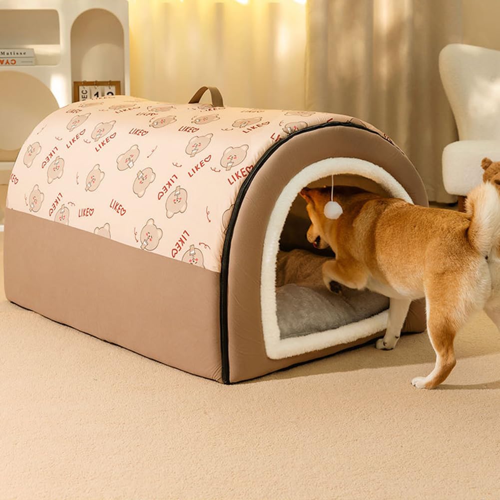 Premium Dog Bed House - 2-in-1 Indoor Pet Bed for Small Dogs & Cats with Fluffy Mat, Washable Cover, Waterproof & Non-Slip Bottom (Medium, Brown/Grey) - Perfect for Living Room, Bedroom & Pet Travel Carrier