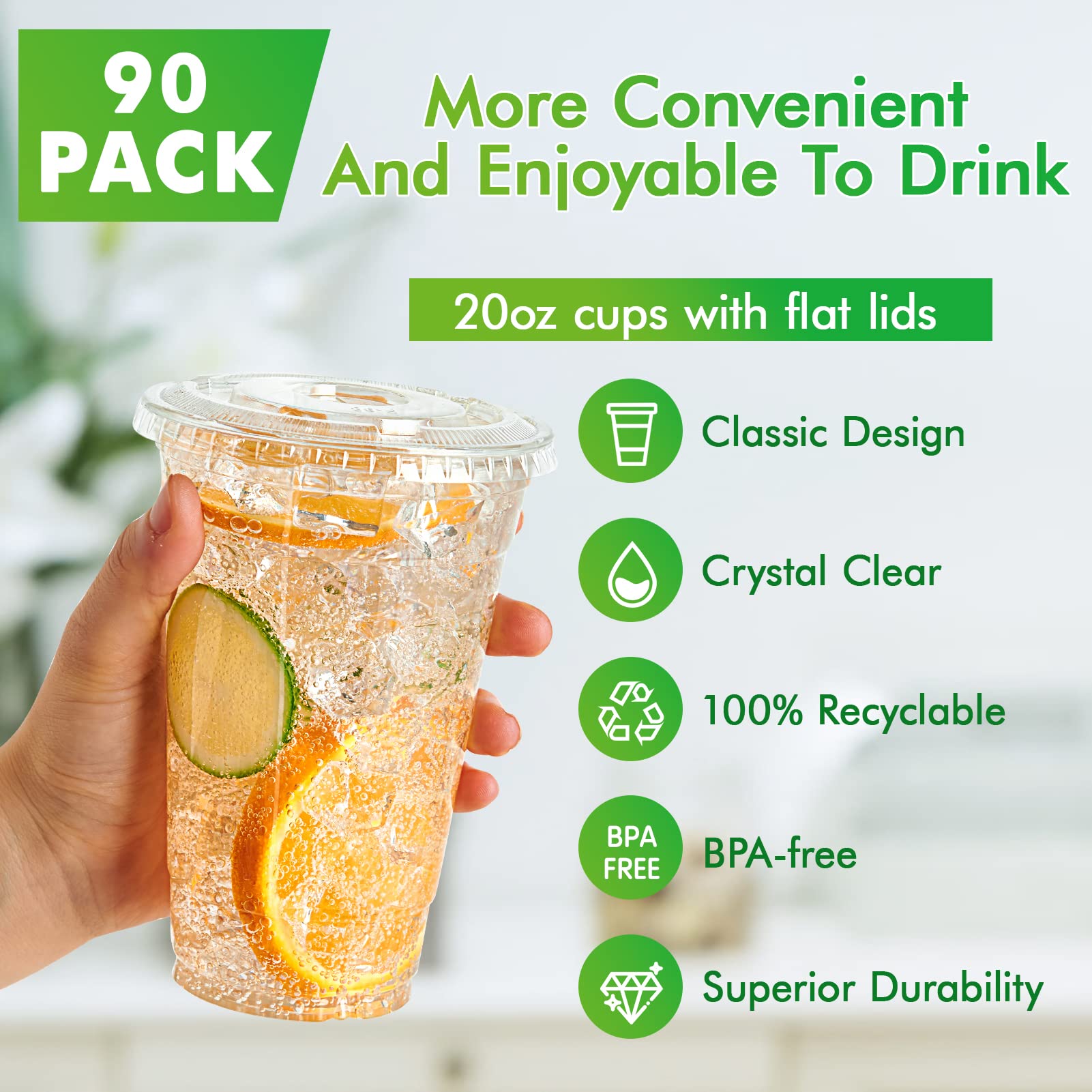 90-Pack 20 oz Clear Plastic Cups with Flat Lids - Disposable Drinking Cups for Iced Coffee, Smoothies, Slurpees & Cold Beverages - Perfect for Parties, BBQs, Picnics & Office Events