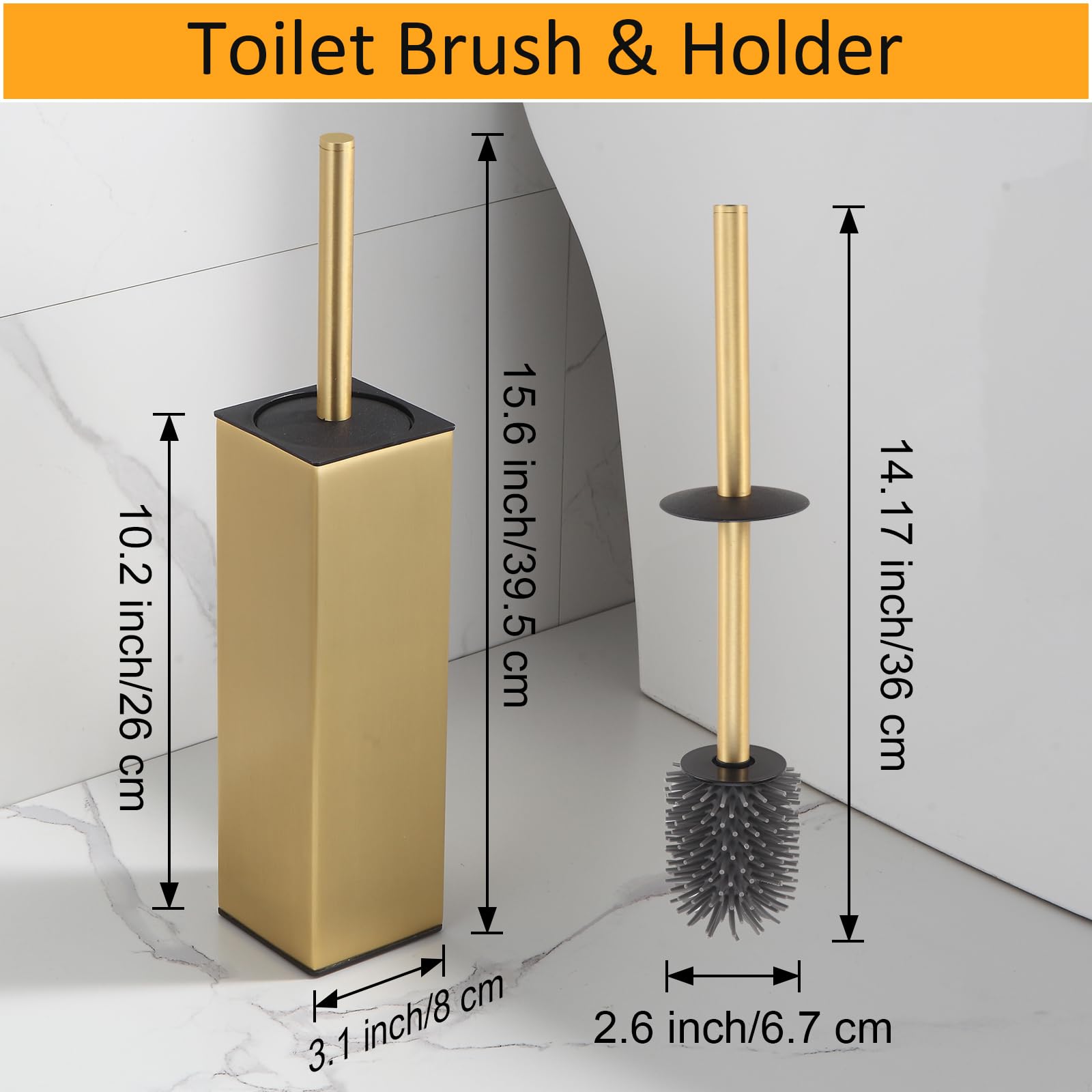 BGL Standing Toilet Brush and Holder Set - Brushed Gold Aluminum Bathroom Cleaning Tool with Square Design, Space-Saving & Sturdy - Ideal for Modern Bathroom Organization and Hygiene Maintenance