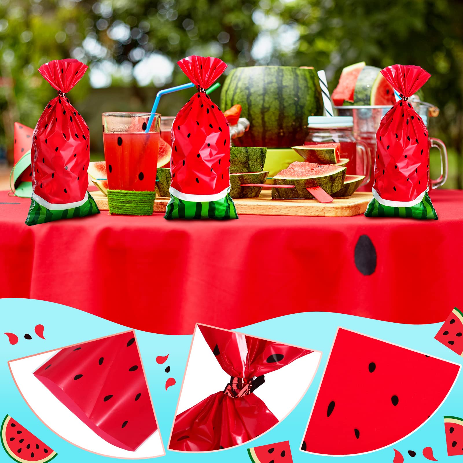 Gersoniel 100-Pack Watermelon Treat Bags - Red Cellophane Candy Bags with 200 Twist Ties for Birthday Parties, Baby Showers & Summer Events - Perfect for Watermelon-Themed Celebrations, School Treats & Party Favors