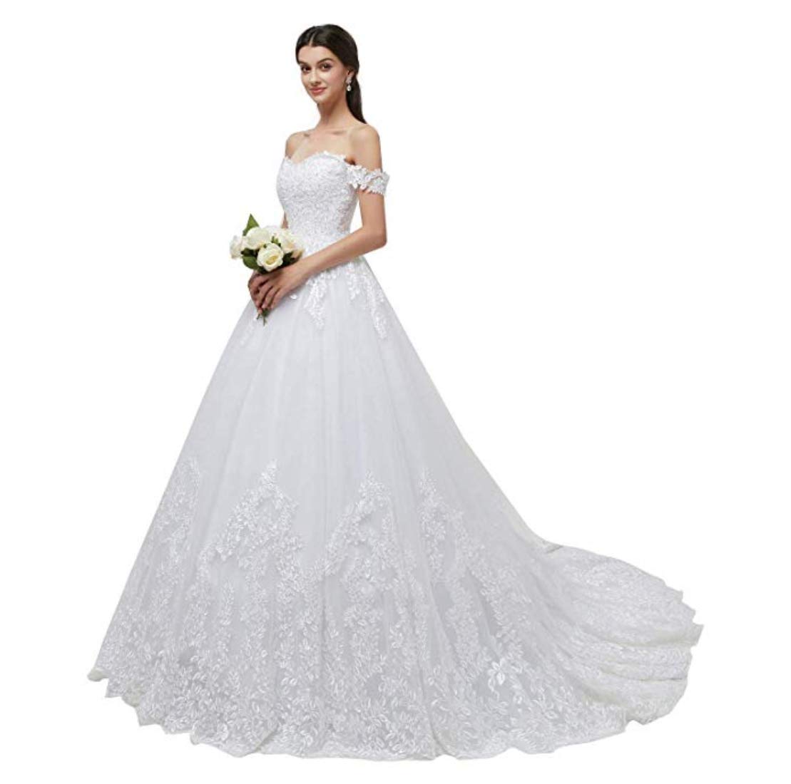 Elegant White Sleeveless Lace Applique A-Line Off Shoulder Wedding Dress for Women - Perfect for Bridal, Formal Evening Gowns, Prom & Special Occasions