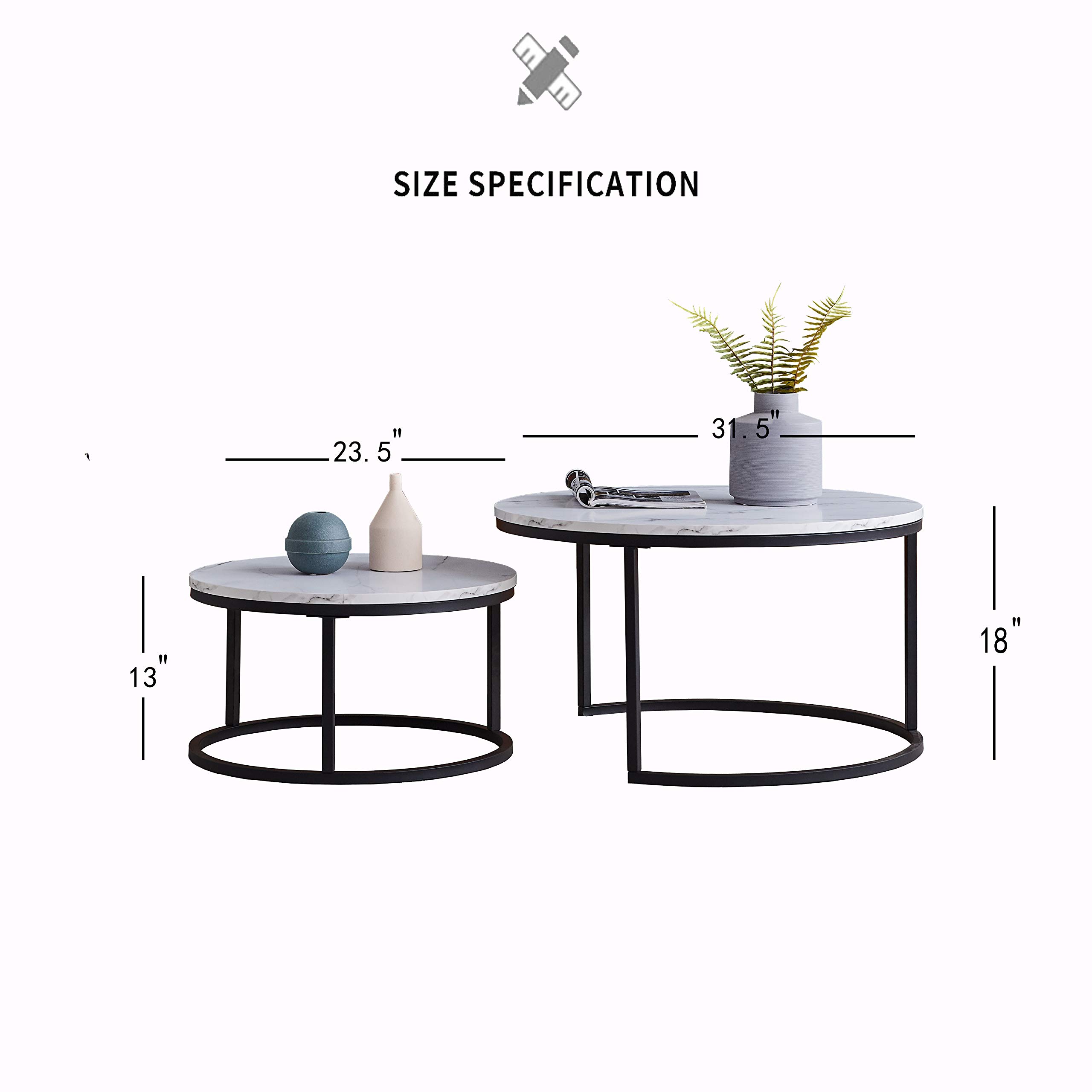 Modern Round Nesting Coffee Table Set of 2 - Mid Century Wood Accent with Faux Marble Tabletop & Black Frame - Perfect for Living Room, Office, Balcony - Great Gift for Thanksgiving & Christmas - Ideal for Small Spaces & Home Decor (White)