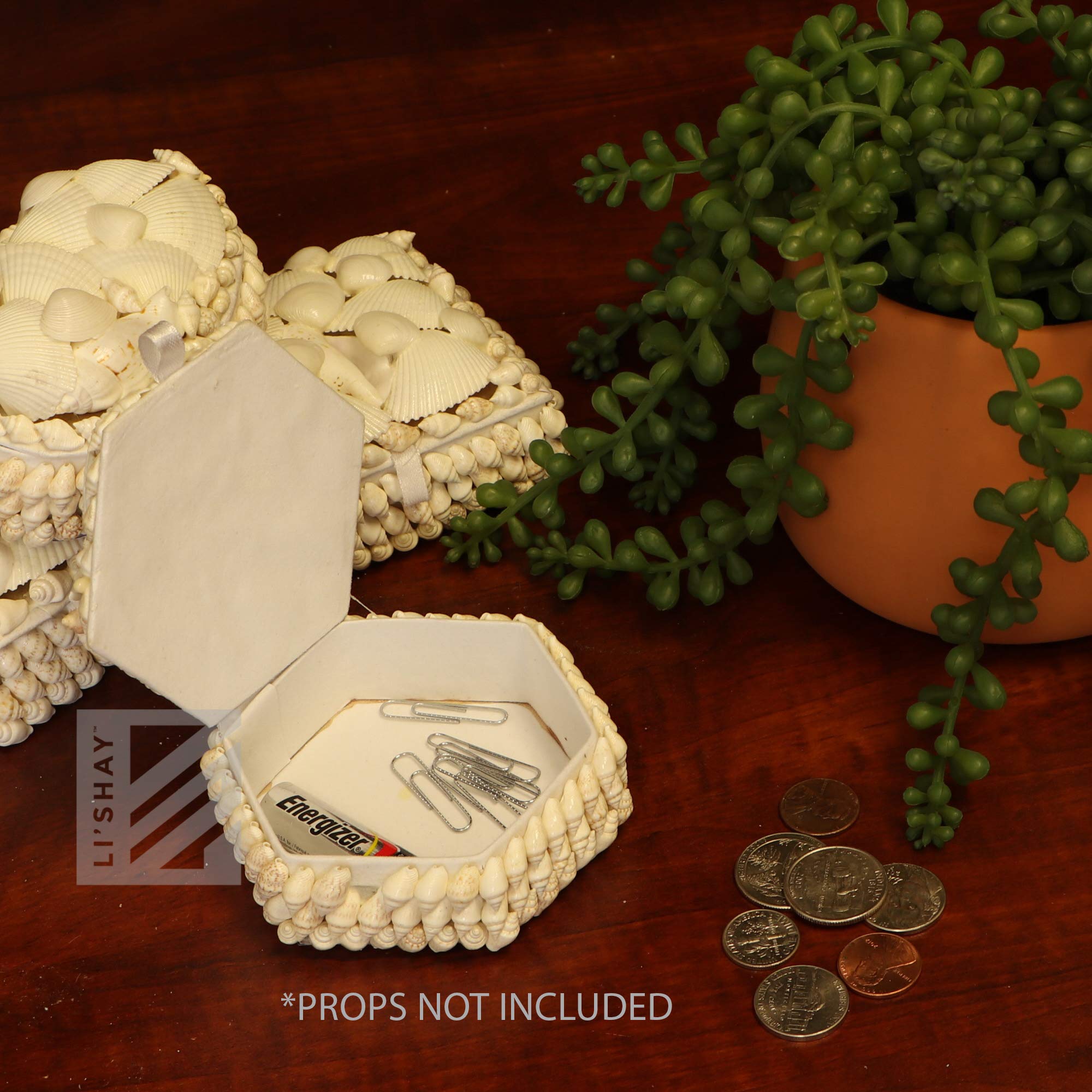 Li'Shay White Seashell Covered Hexagon Jewelry Box - 4 Inch Trinket Storage for Beach Themed Decor, Wedding Favors & Gift Giving