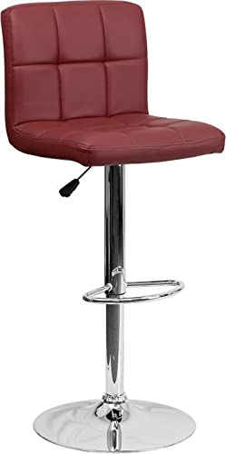 Burgundy Contemporary Quilted Vinyl Adjustable Height Bar Stool - Modern Swivel Kitchen Island Stool with Armrest for Counter, Dining & Home Decor - Perfect for Kitchen, Bar, Breakfast Nook & Entertainment Areas