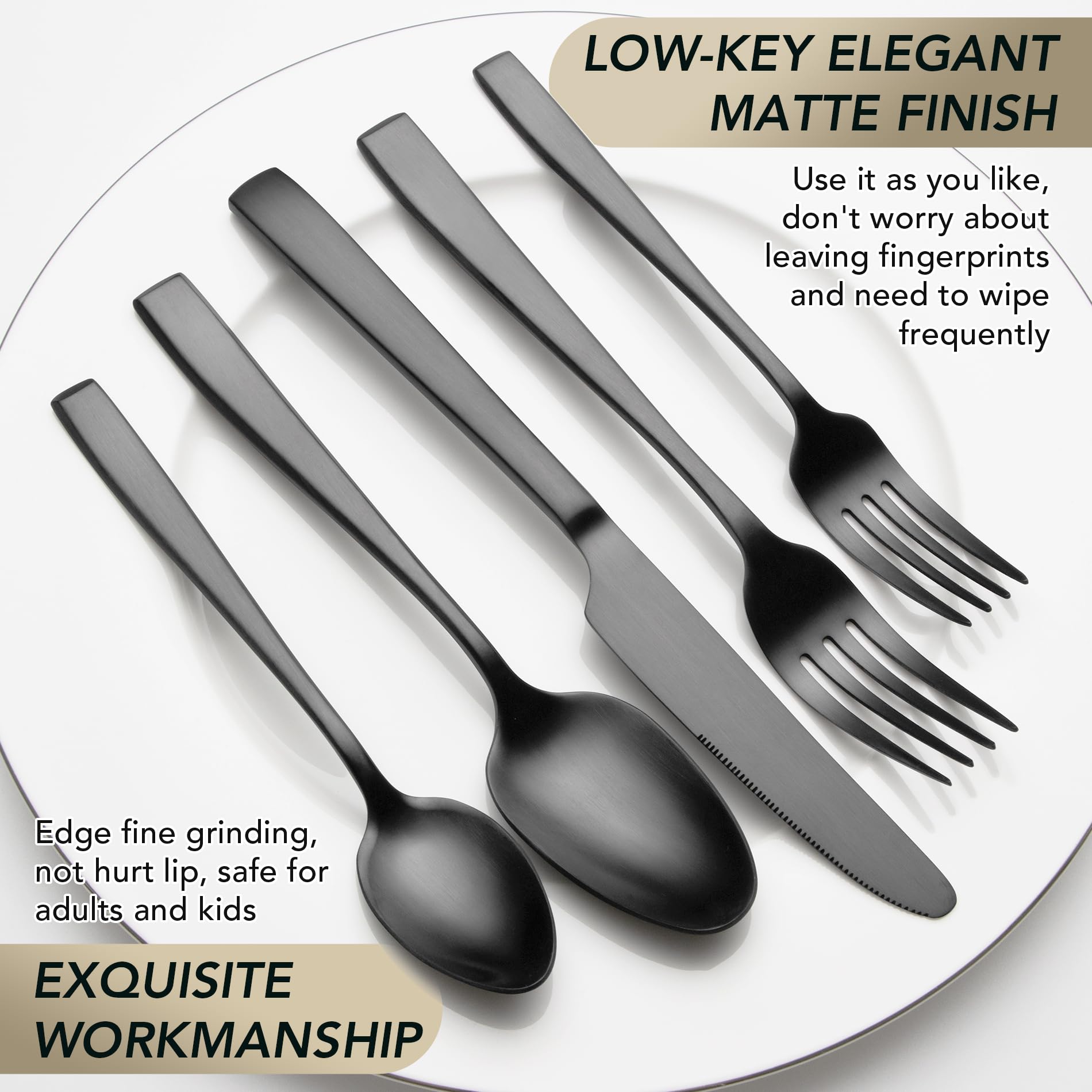 EIUBUIE 40-Piece Matte Black Silverware Set - Premium Stainless Steel Flatware Cutlery Set for 8 (Forks, Spoons, Knives) - Elegant Kitchen Utensils for Dinner Parties, Restaurants & Home Dining