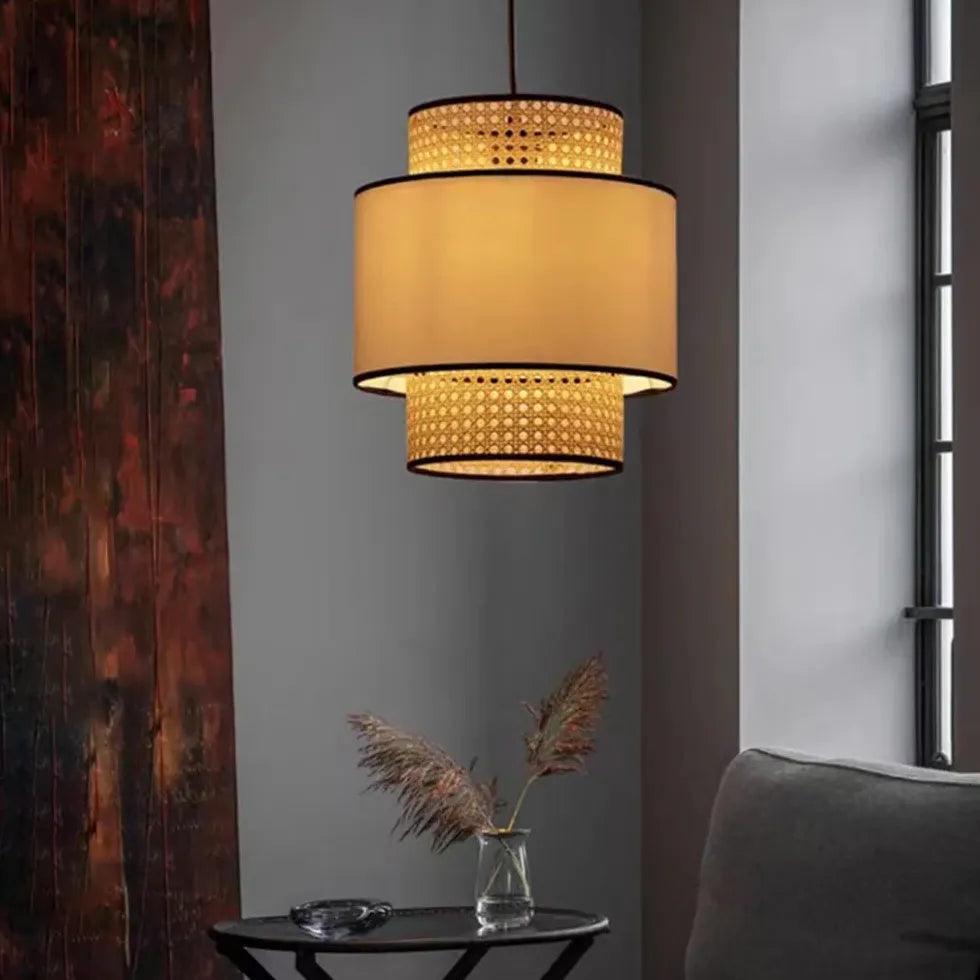 Rattan and PVC Double Layer Cylindrical Pendant Light - Modern Boho Ceiling Fixture for Dining Room, Bedroom, or Living Room Decor