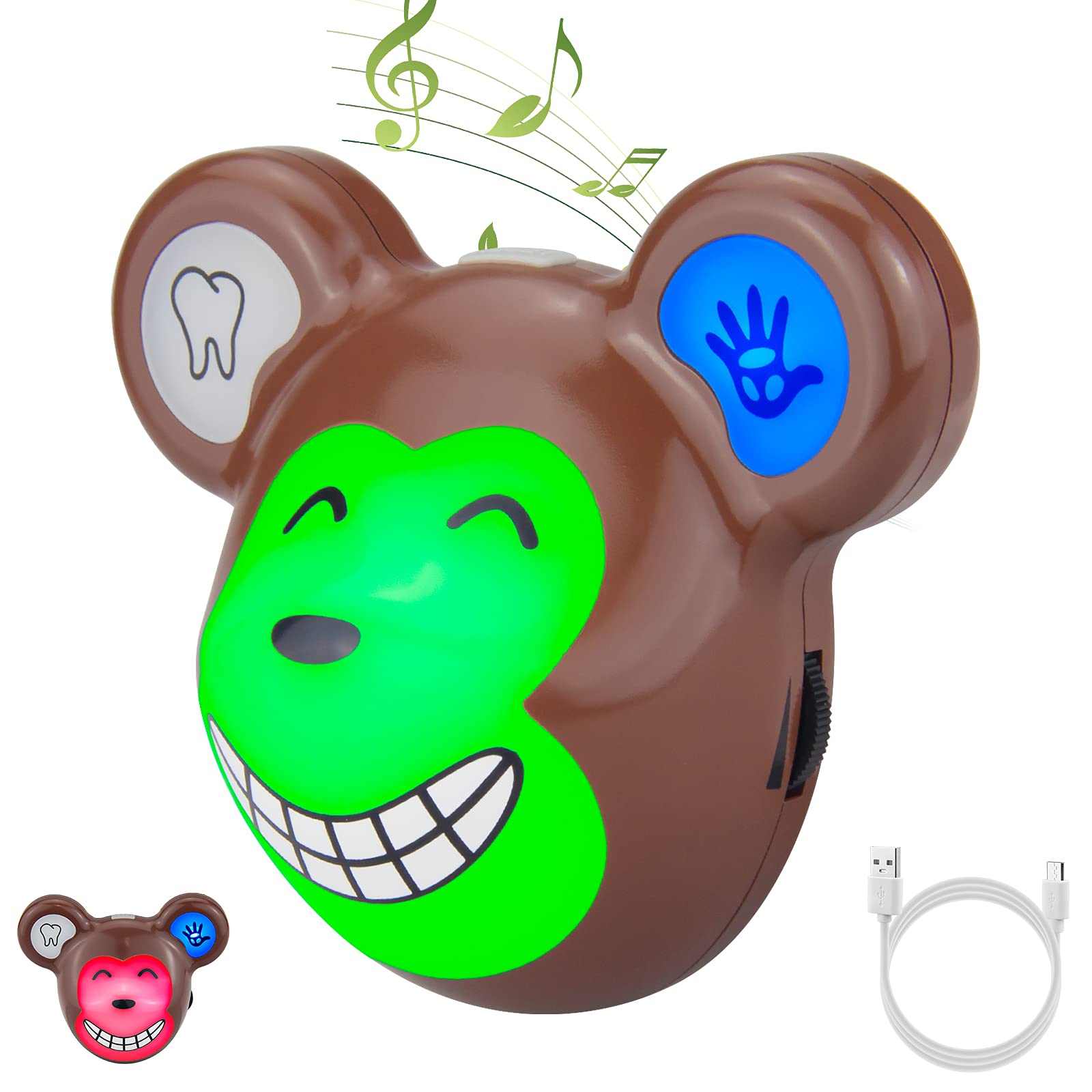 LUXSWAY Cute Animal Toothbrush Timer for Kids - 2 Minute Musical Timer with LED Lights, 20 Second Hand Washing Trainer, Rechargeable Visual Timer for Teeth Brushing & Hygiene Routine (Monkey Design) - Perfect for Bathroom, Preschool & Montessori Learning