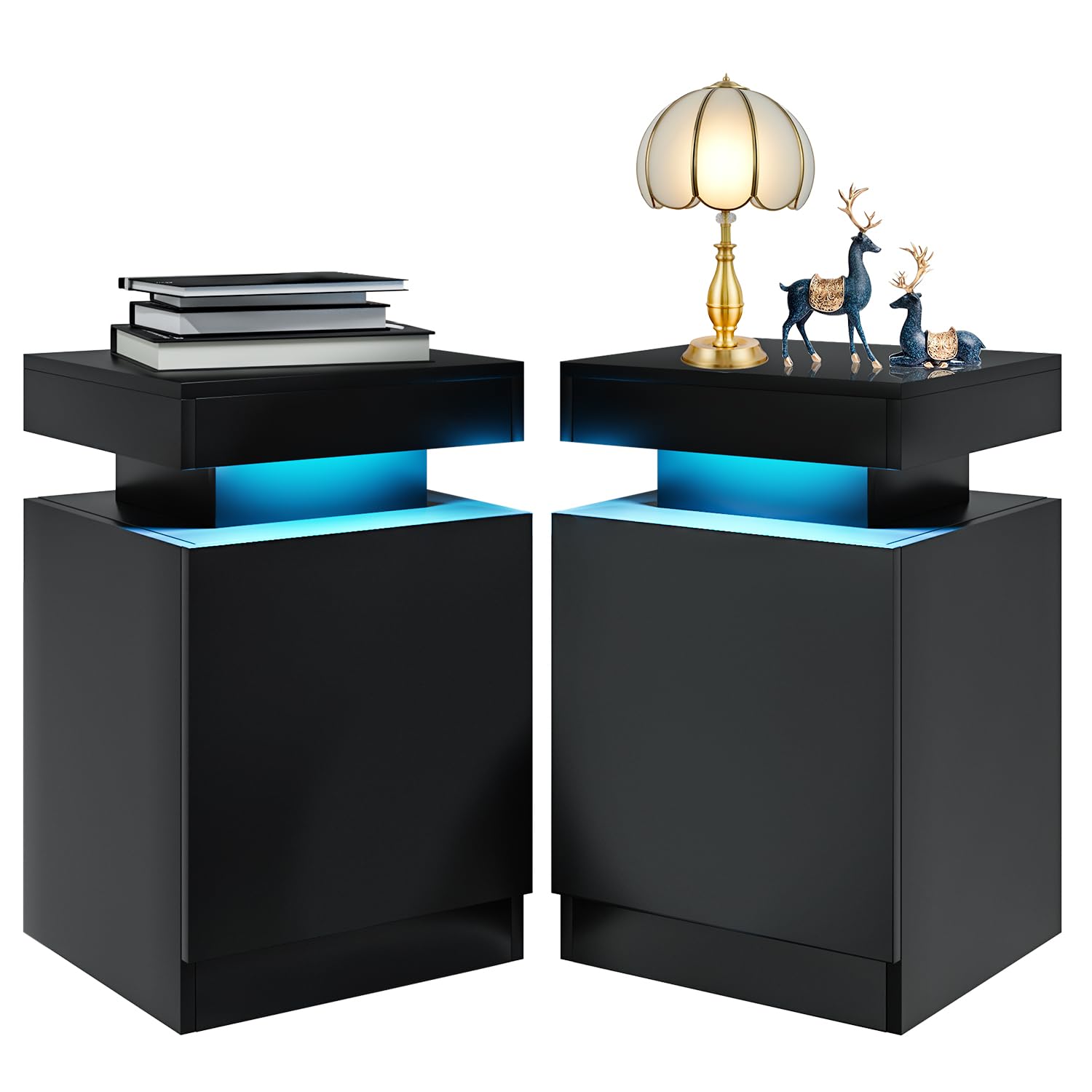 Oneinmil 2-Piece LED Nightstand Set with Storage - Black, for Bedroom & Living Room