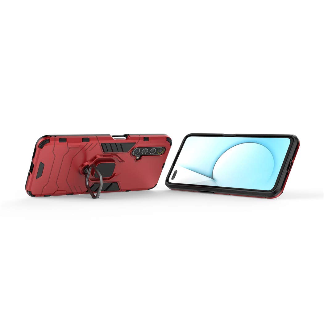 Shockproof Hard Bumper Case for Oppo Realme X50 5G with Metal Ring Grip & Kickstand - Magnetic Car Mount Compatible, Dual Layer Rugged Protective Cover (Red) - Perfect for Outdoor Activities, Travel and Daily Use