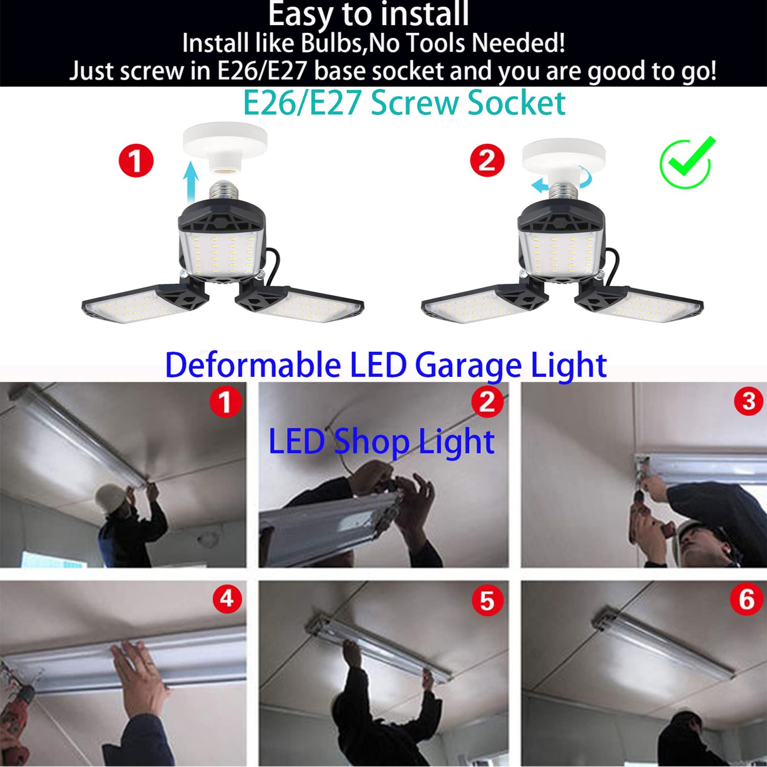 4-Pack 80W LED Garage Lights, 8000LM 6500K Adjustable Shop Lighting - Bright Deformable Ceiling Lights for Garage, Workshop, Basement, Warehouse | Perfect for Auto Repair, DIY Projects & Storage Areas