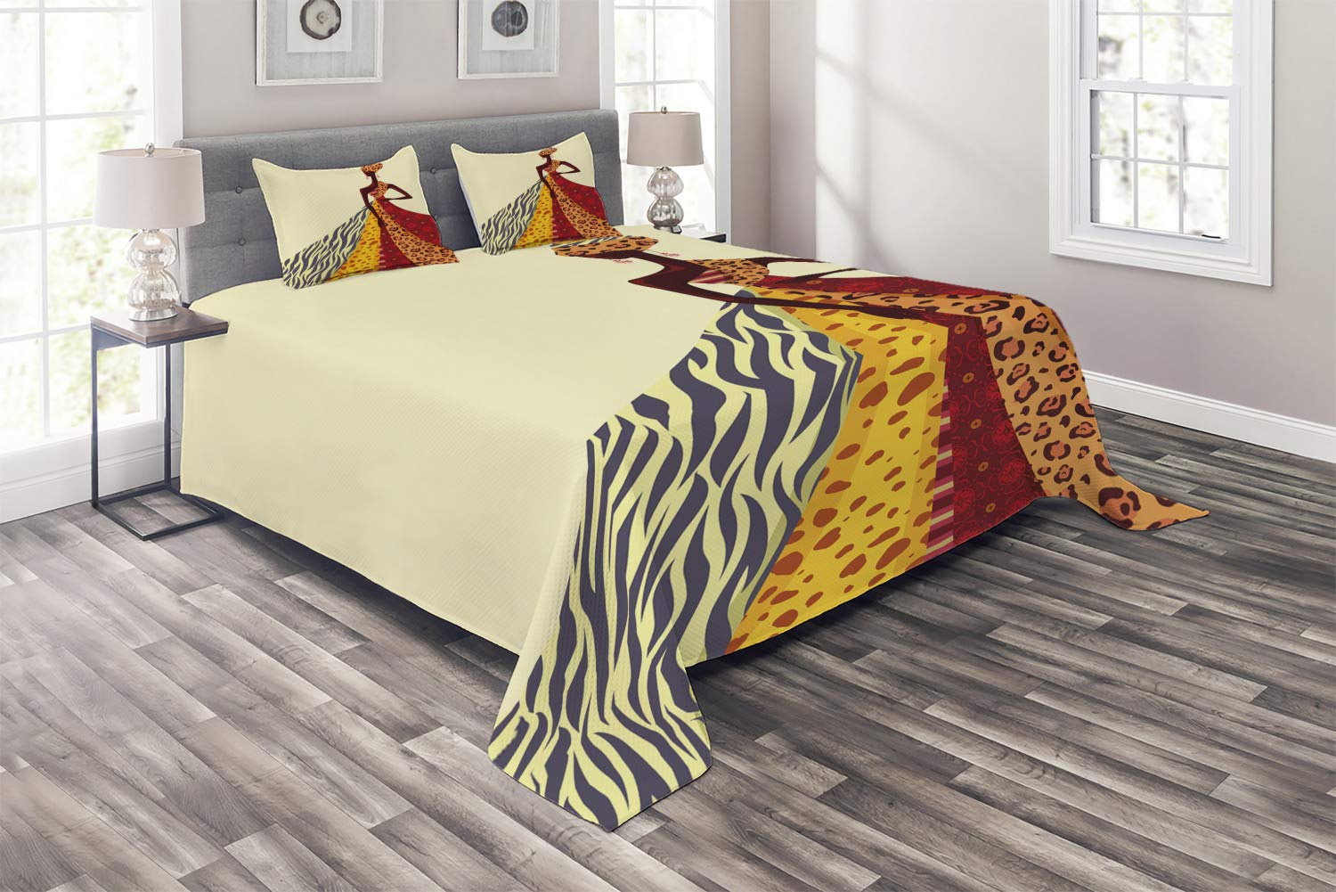 Ambesonne Modern Quilt Set - 3 Piece King Size Bedspread with 2 Pillow Shams, Artistic Girl in Dress Design, Multicolor Patterned Coverlet for Bedroom Decor | Perfect for Master Bedroom, Guest Room & Bohemian Style Home Decor