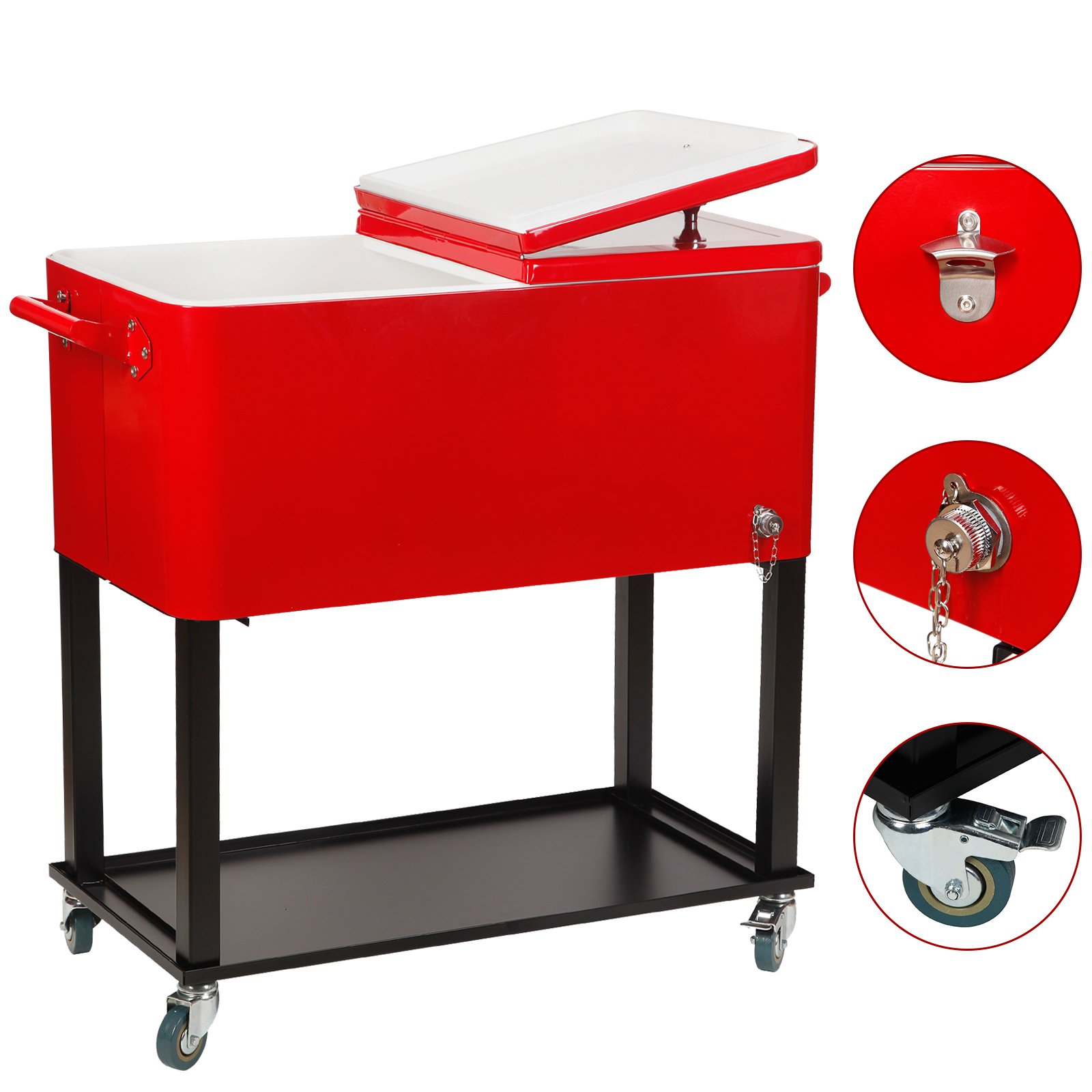 UenJoy 80-Quart Rolling Ice Chest Cooler Cart - Portable Outdoor Party Drink Cooler for Camping, Tailgating, Beach & Backyard BBQs - Red