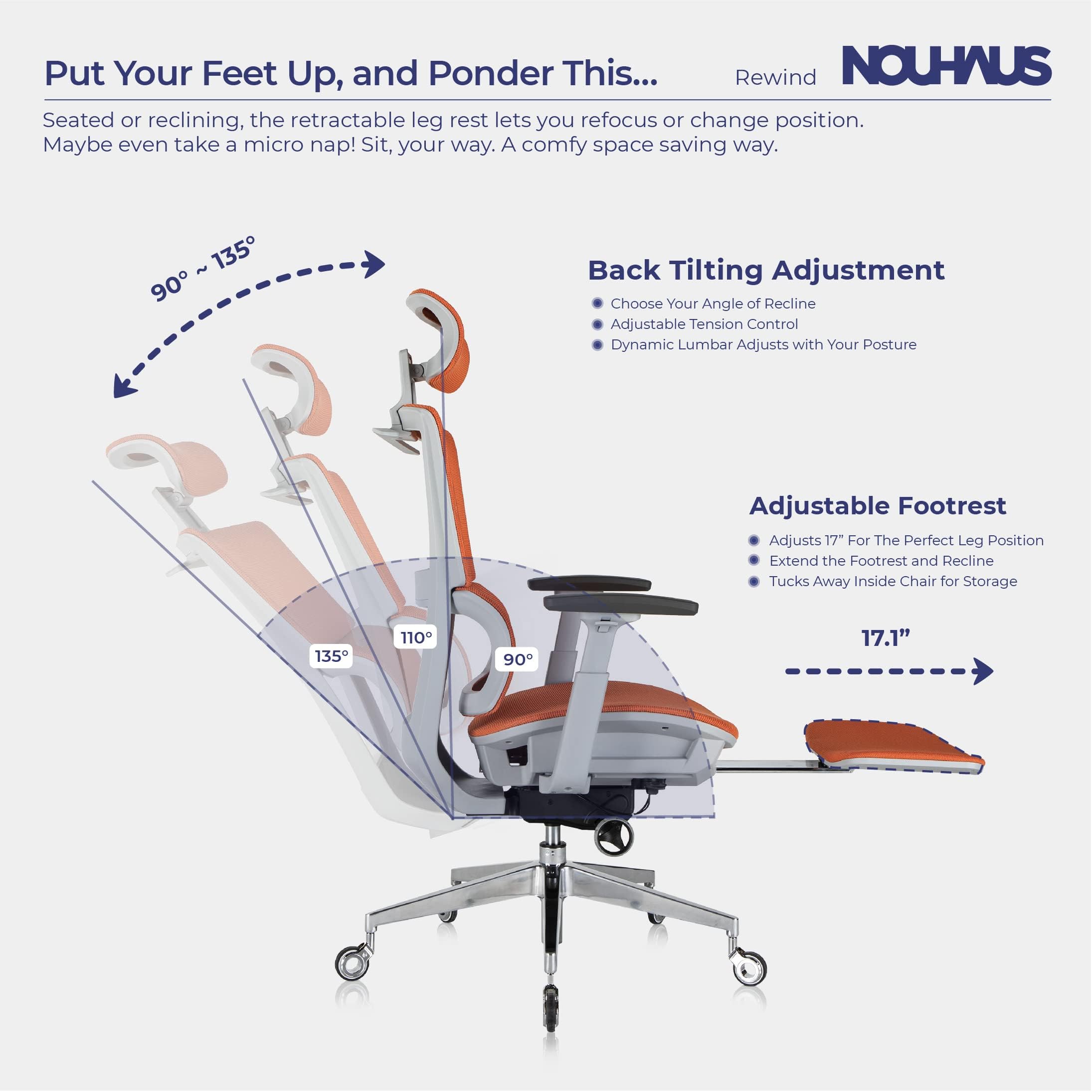 Nouhaus Rewind Ergonomic Office Chair with Adjustable Footrest & Lumbar Support - Mesh High Back Rolling Task Chair for Home Office - Orange - Perfect for Long Work Hours & Gaming Sessions