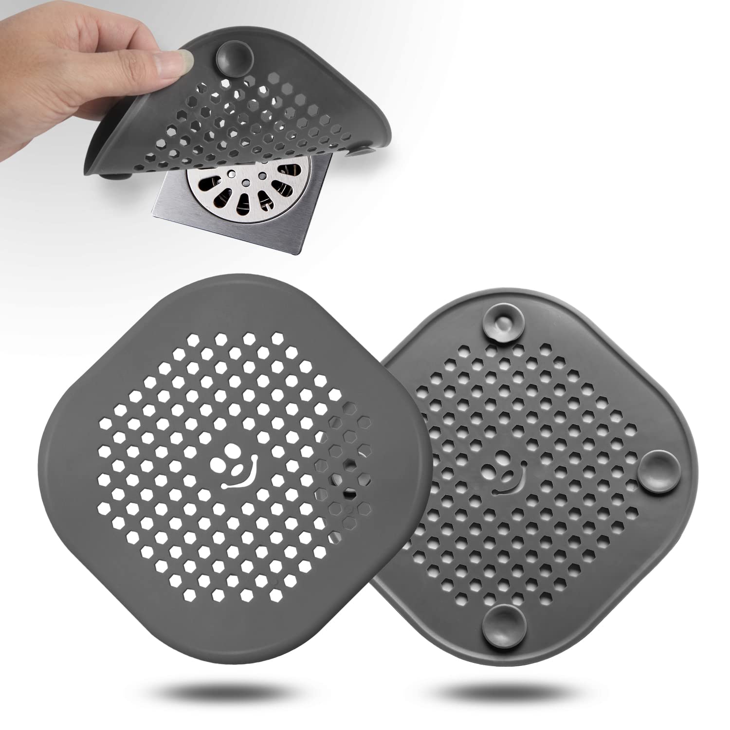 2 Pack Shower Drain Cover Hair Catcher - Deep Grey Bathtub Drain Protector with Fine Mesh for Bathroom, Sink & Tub - Prevents Clogs & Easy Cleaning (Home, RV, Gym Use)