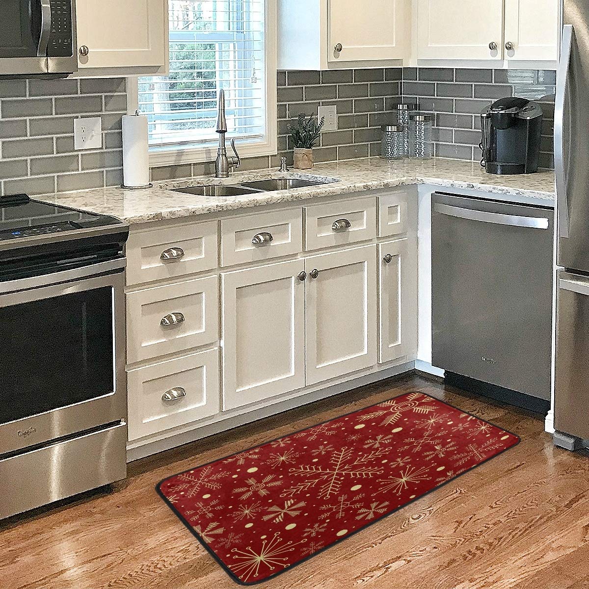 Christmas Snowflake Non-Slip Kitchen Rug - Red Holiday Design Soft Bath Mat & Runner - 39