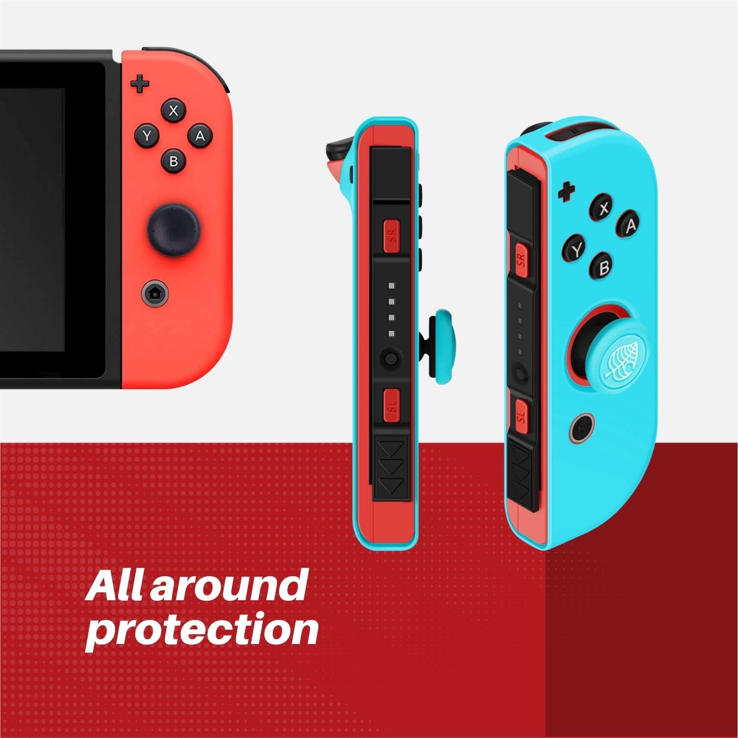 Premium Silicone Joycon Case for Nintendo Switch & Switch OLED - Protective Controller Cover with Thumb Grip Caps (Blue Green Leaf) - Durable Gaming Accessory for Enhanced Comfort & Protection During Play