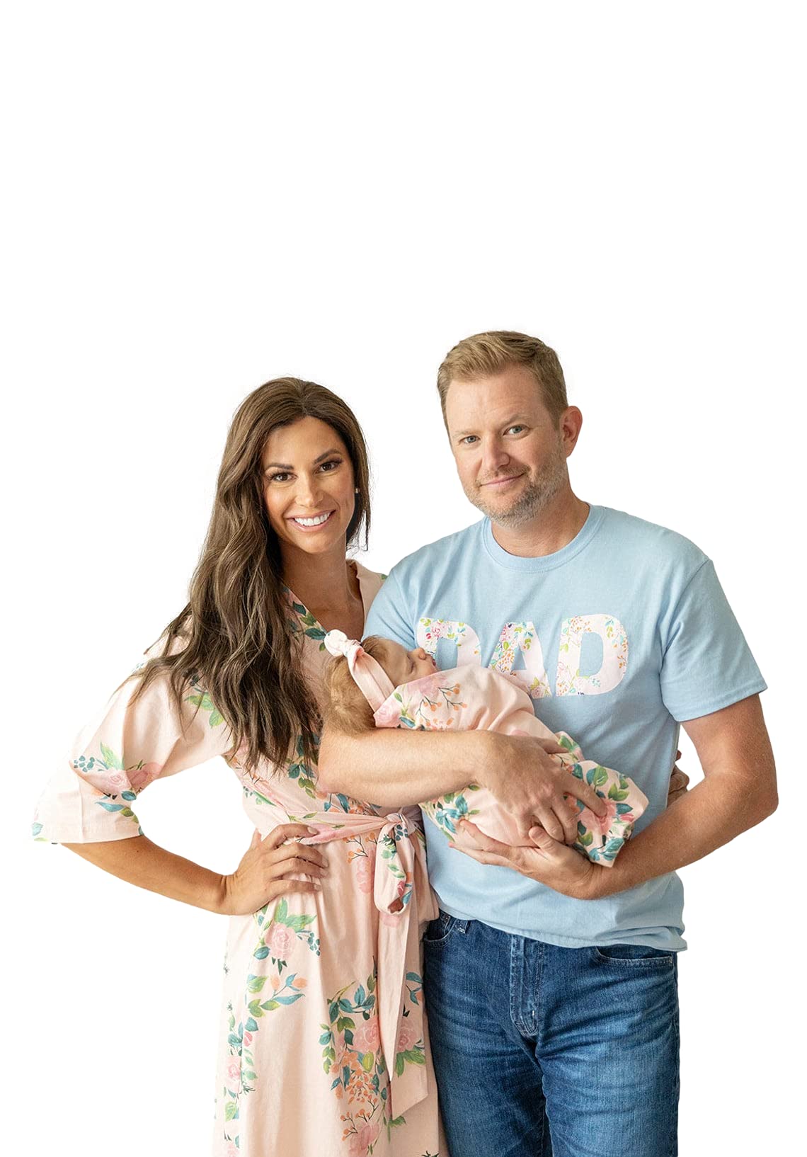 Baby Be Mine Maternity Nursing Robe & Swaddle Blanket Set with Daddy T-Shirt - Soft Delivery Gown for Mom & Newborn Baby Girl (Small/Medium Robe, Large T-Shirt, Nina Print) - Perfect for Hospital Birth, Breastfeeding & Family Photo Shoots