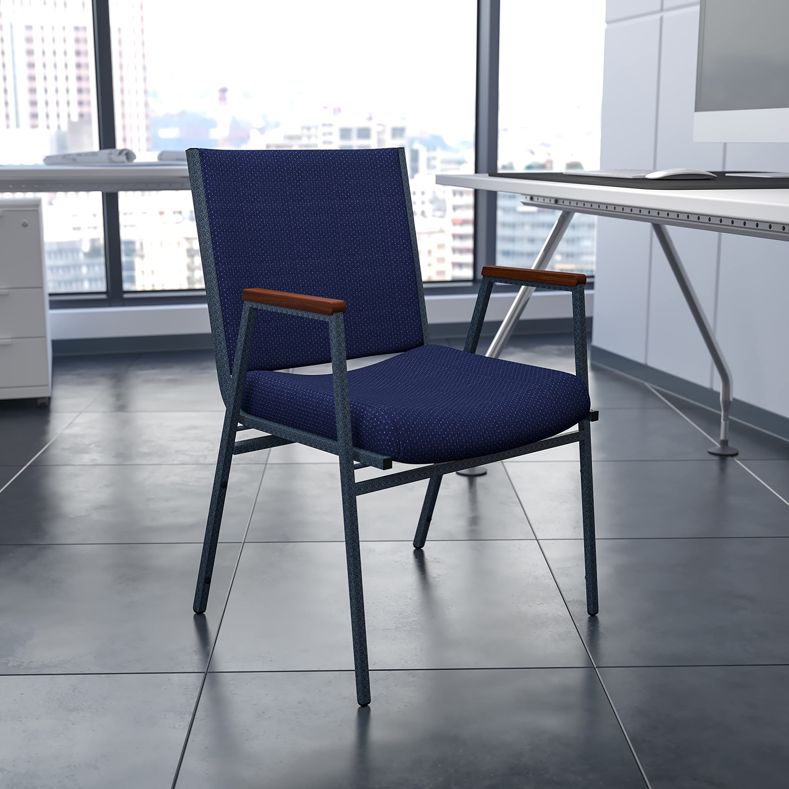 Heavy Duty Navy Blue Dot Fabric Stacking Chairs with Arms - Durable & Comfortable for Office, Conference, and Event Seating