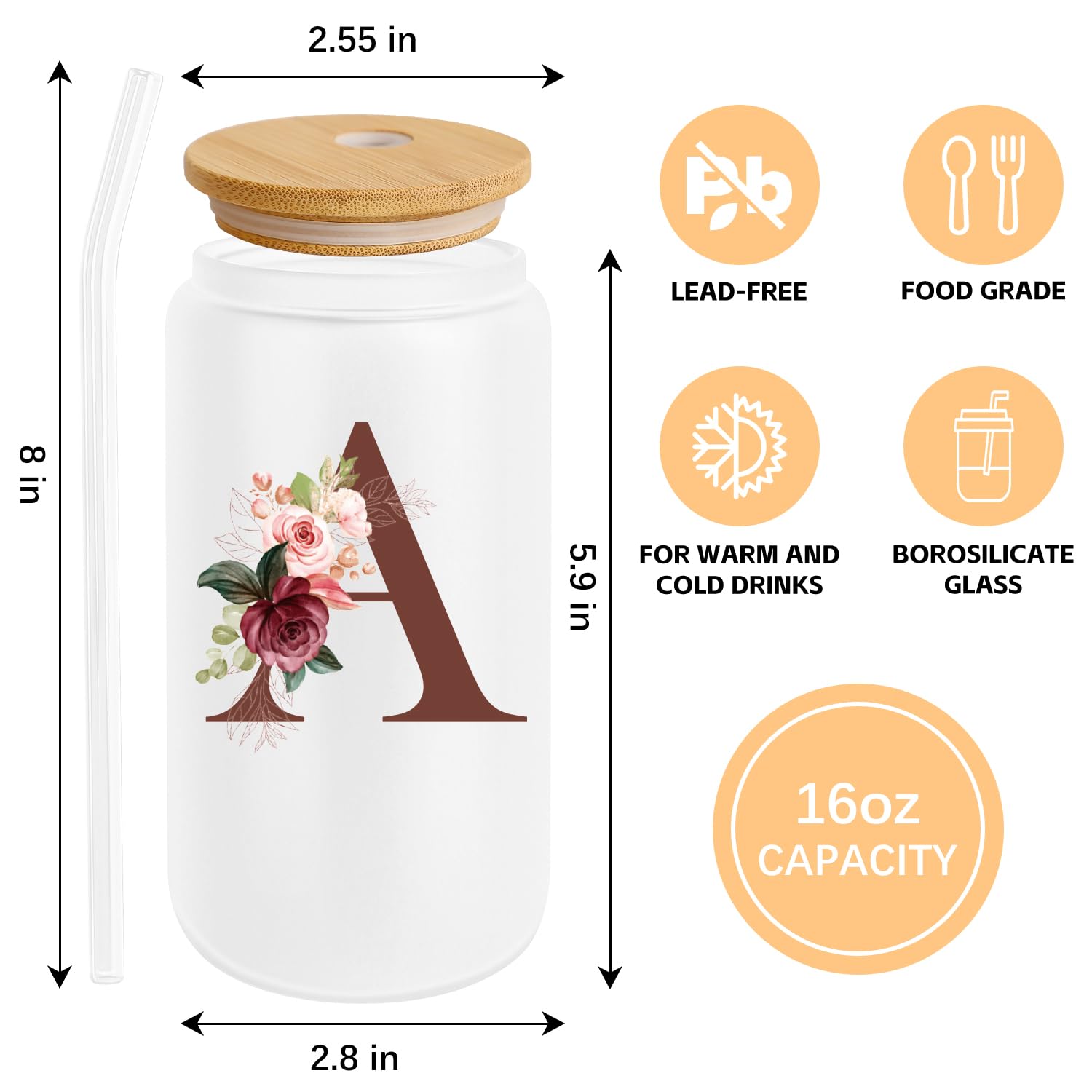 Personalized 16 Oz Glass Tumbler with Lid & Straw - Custom Monogrammed Coffee Cup - Perfect Birthday, Mother's Day Gift for Women - Ideal for Iced Coffee, Smoothies & Office Use