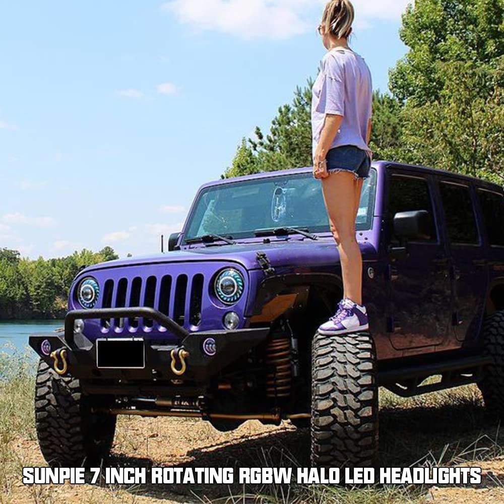 SUNPIE 7 Inch RGBW Halo LED Headlights with Rotating Fog Lights - Compatible with Jeep Wrangler JK/JKU (2007-2018) & TJ/LJ (1997-2006) - Stylish Colorful Rotating Projector for Off-Road, Night Driving & Car Customization