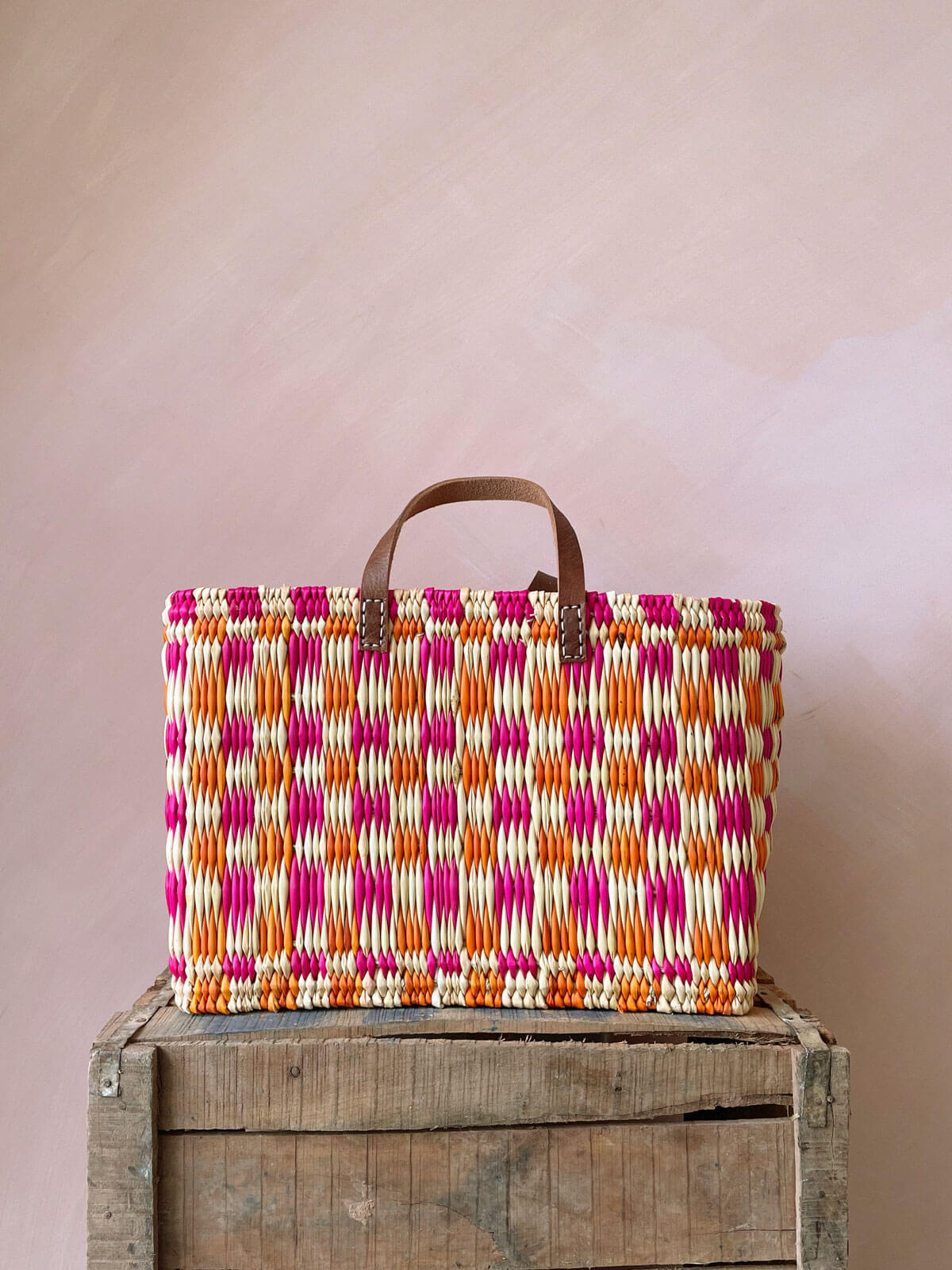 Stylish Pink and Orange Chequered Reed Basket - Perfect for Home Decor, Picnics, and Storage | Handwoven Natural Fiber Organizer for Living Room, Bedroom, or Outdoor Use