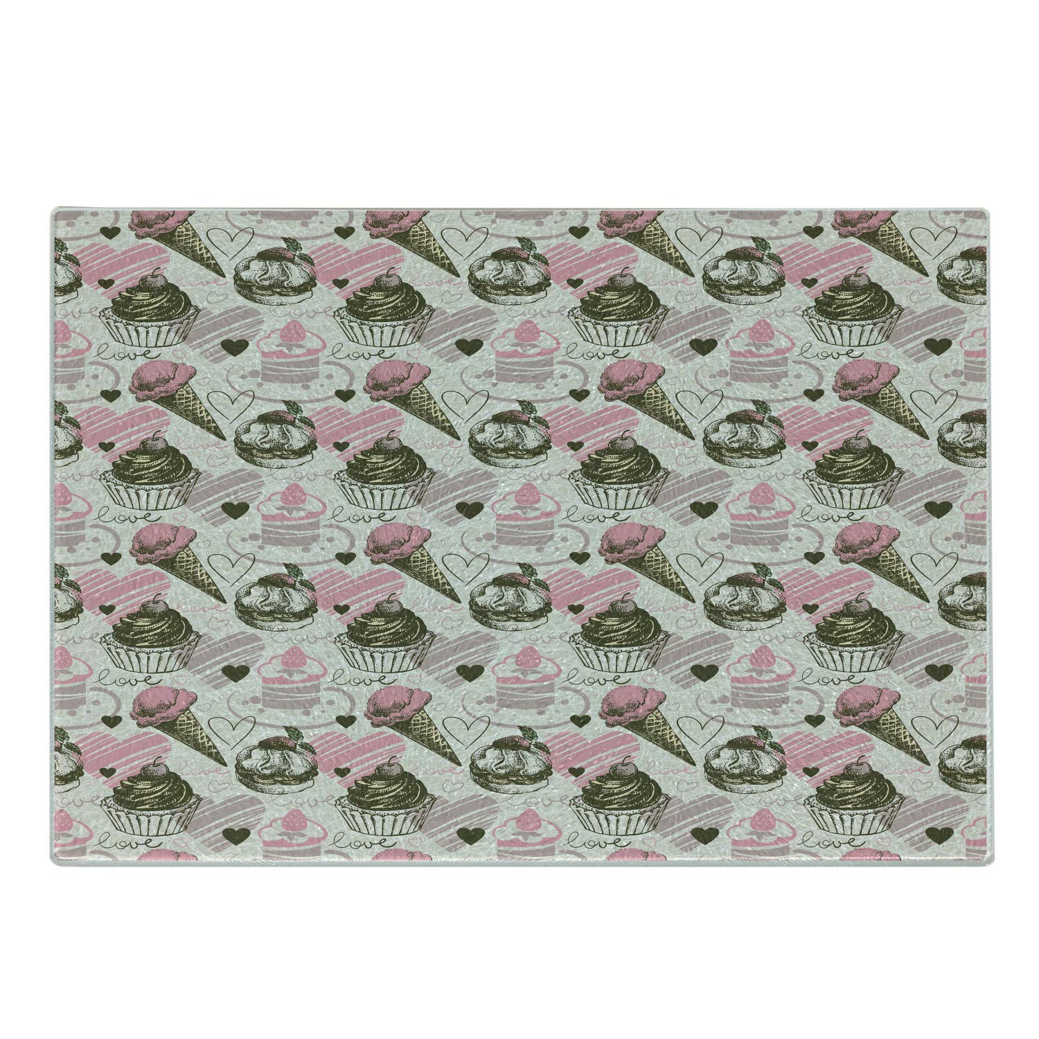 Ambesonne Ice Cream Themed Cutting Board - Grunge Style Cupcakes with Romantic Heart Design, Durable Tempered Glass Serving Tray for Kitchen & Dining - Perfect for Cheese Platters, Dessert Display & Home Decor (Pale Pink & Army Green)