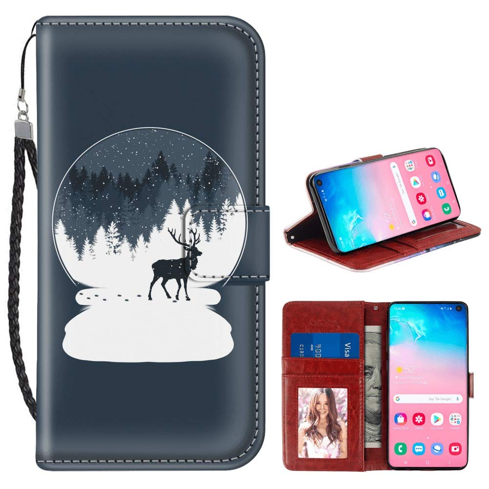 Samsung Galaxy S10e Wallet Case - PU Leather Card Holder with Kickstand & Wrist Strap | Snow Globe Deer Design | Perfect for Everyday Use, Travel & Commuting