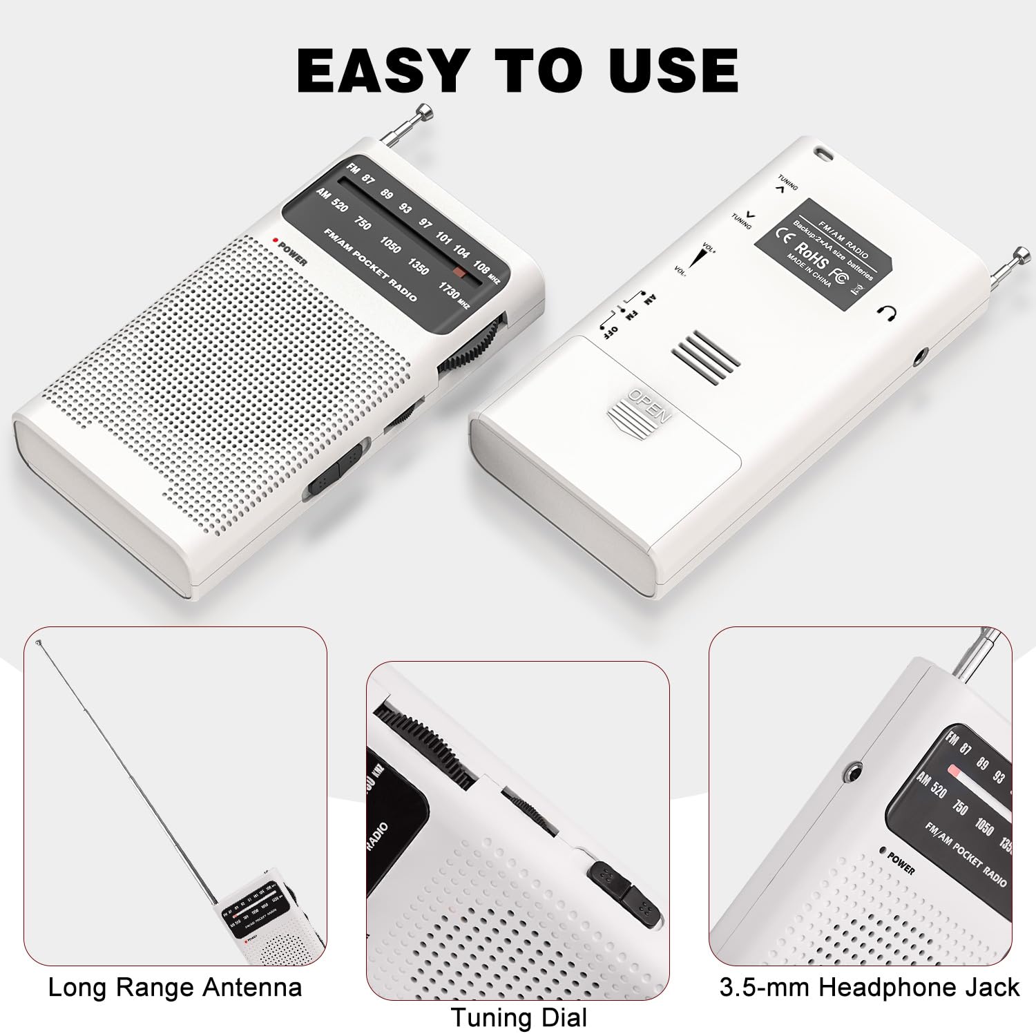 Tendak Portable AM/FM Pocket Radio with Excellent Reception & Sound Quality, Battery Operated Mini Transistor Radio (White) - Perfect for Outdoor Activities, Travel, Emergencies & Home Use