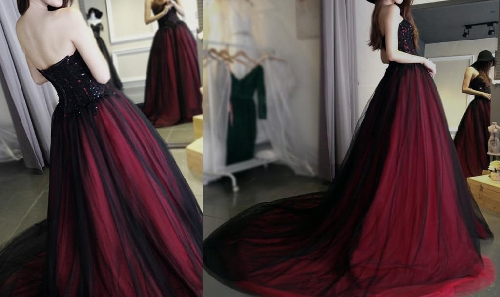 Elegant Gothic Beaded Black Lace Long Tulle Ball Gown Wedding Dress with Train - Sweetheart Neckline Prom Dress for Brides, Formal Events & Gothic Themed Parties