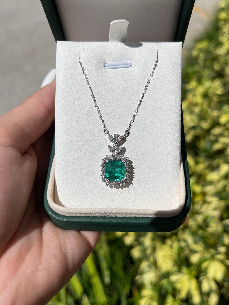 5.58tcw 18K Natural Bluish Green Emerald Asscher Cut Diamond Halo White Gold Necklace for Women | Elegant Bridal Jewelry & Special Occasion Gift