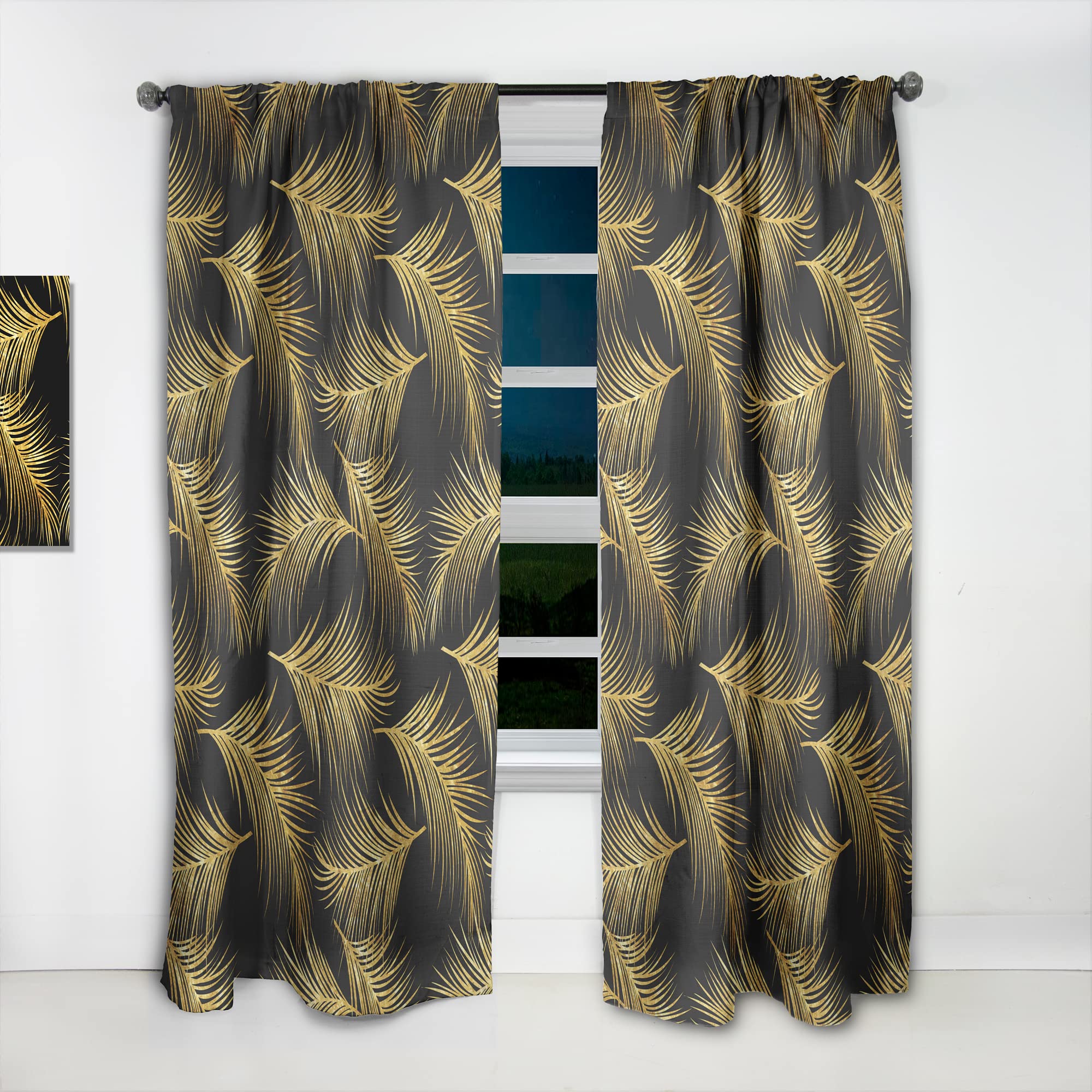DesignQ Thermal Insulated Curtains - Golden Tropical Leaves Pattern, Single Panel 52x63 Inches, Blackout Drapes for Bedroom & Living Room - Perfect for Sun Protection & Home Decor