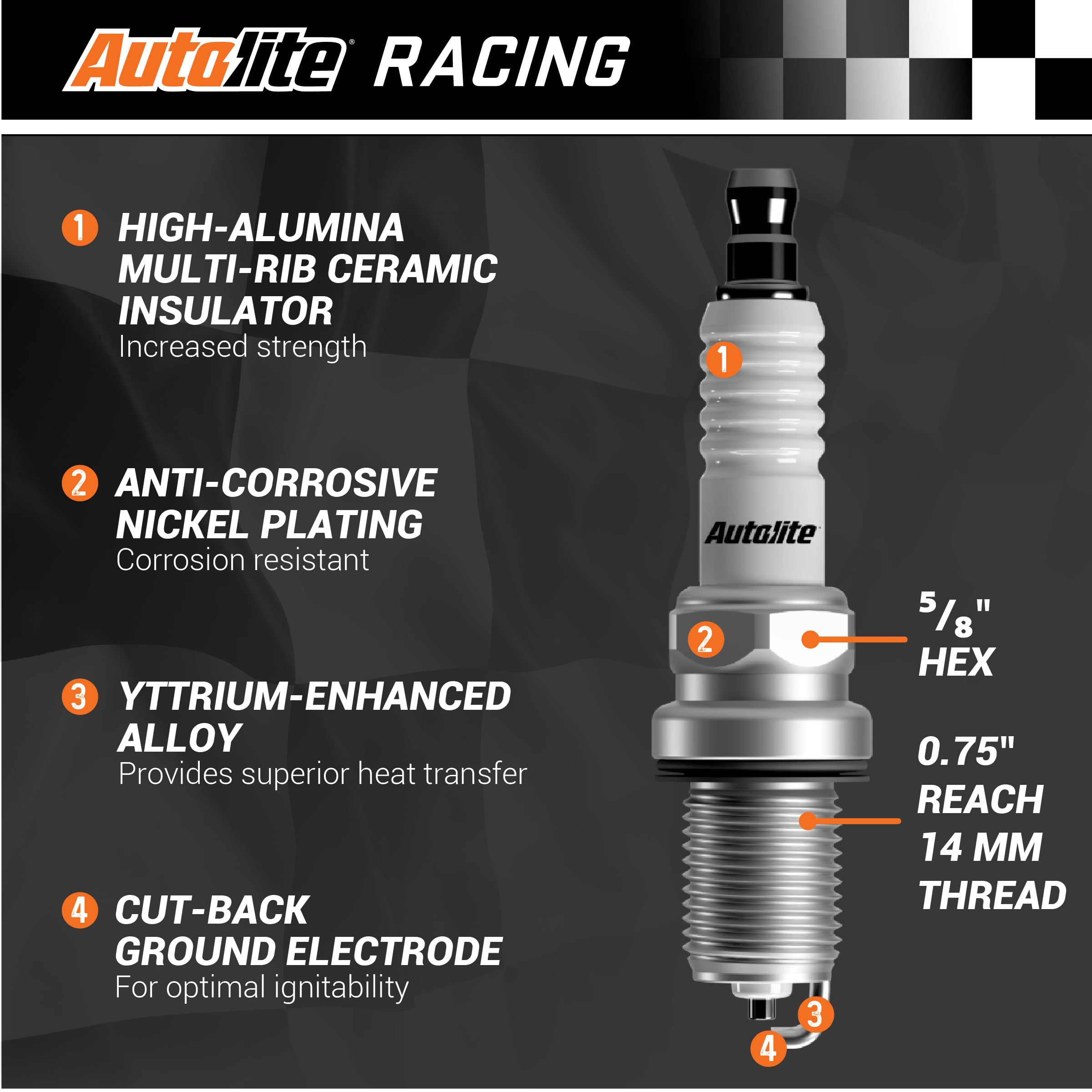 Autolite AR473-4PK High Performance Racing Spark Plugs - Non-Resistor, Copper Core, 4 Pack - Ideal for Track Racing, Drag Cars & High-Performance Engines