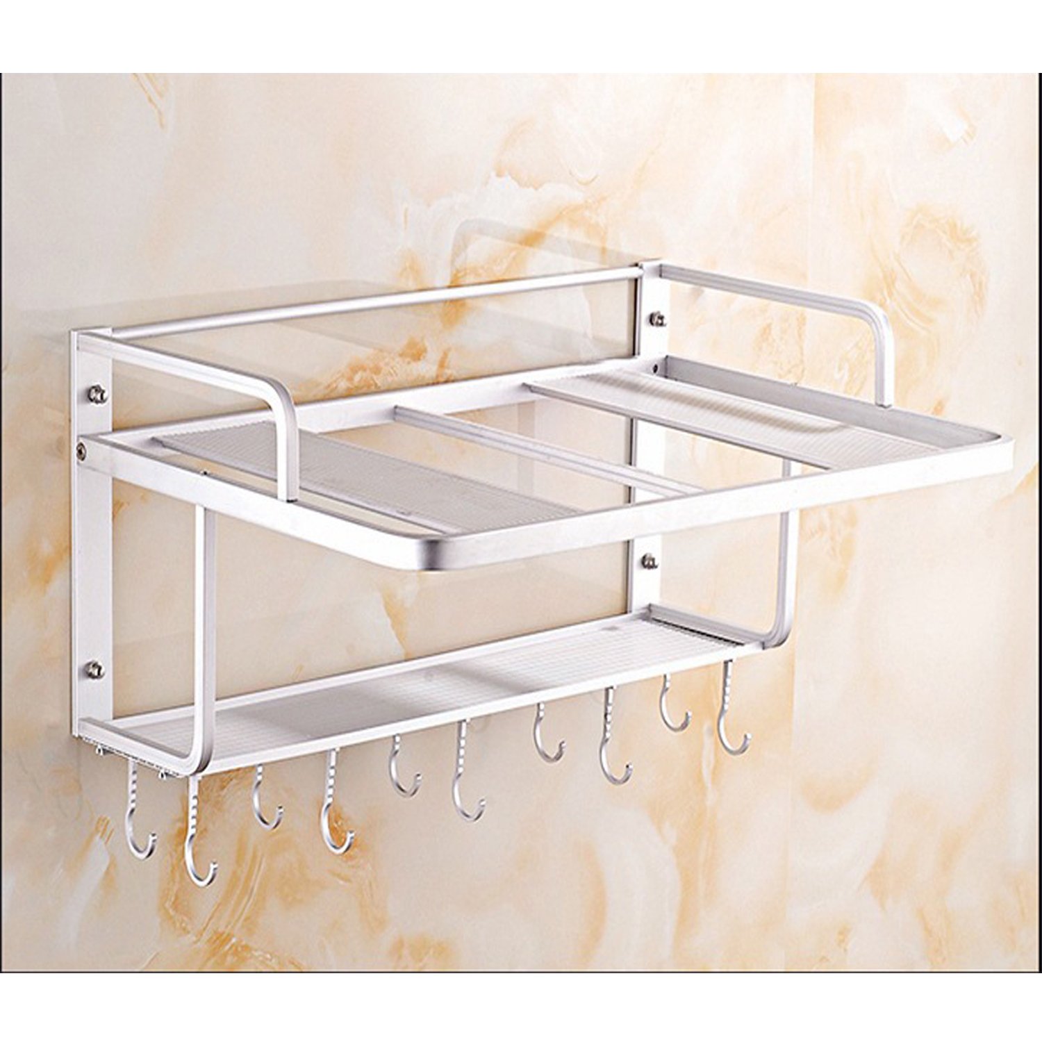 Premium Aluminum Microwave Oven Wall Mount Shelf - Double Deck Storage Rack with Hooks, Space-Saving Silver Organizer for Kitchen, Pantry, or Garage Storage