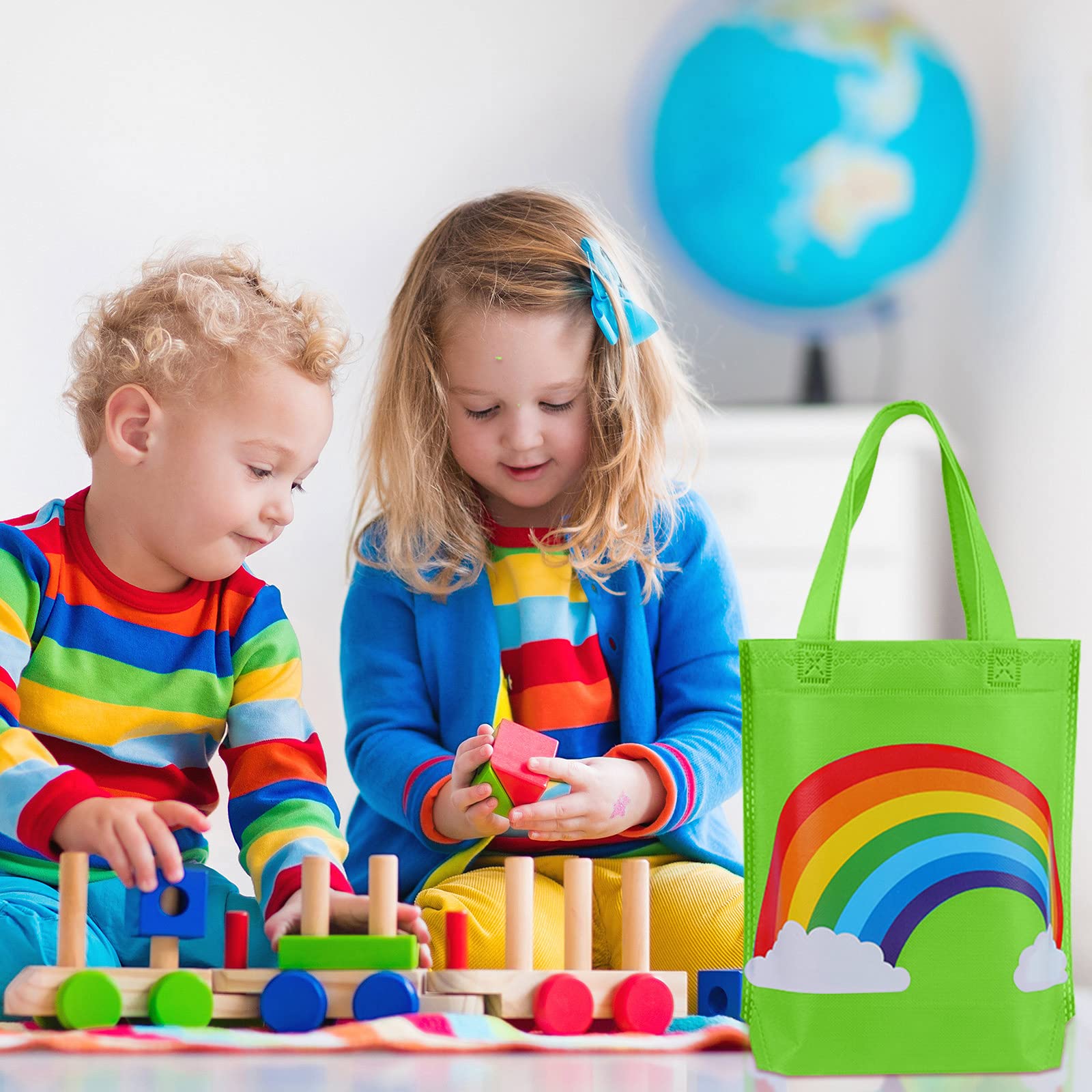 24-Piece Rainbow Non-Woven Reusable Gift Bags Set - 9.8x9.8x3.1 Inch Party Favor Bags with Handles for Kids Birthday, Wedding, Baby Shower & Holiday Celebrations - Perfect for Candy, Treats, Small Gifts & Party Favors