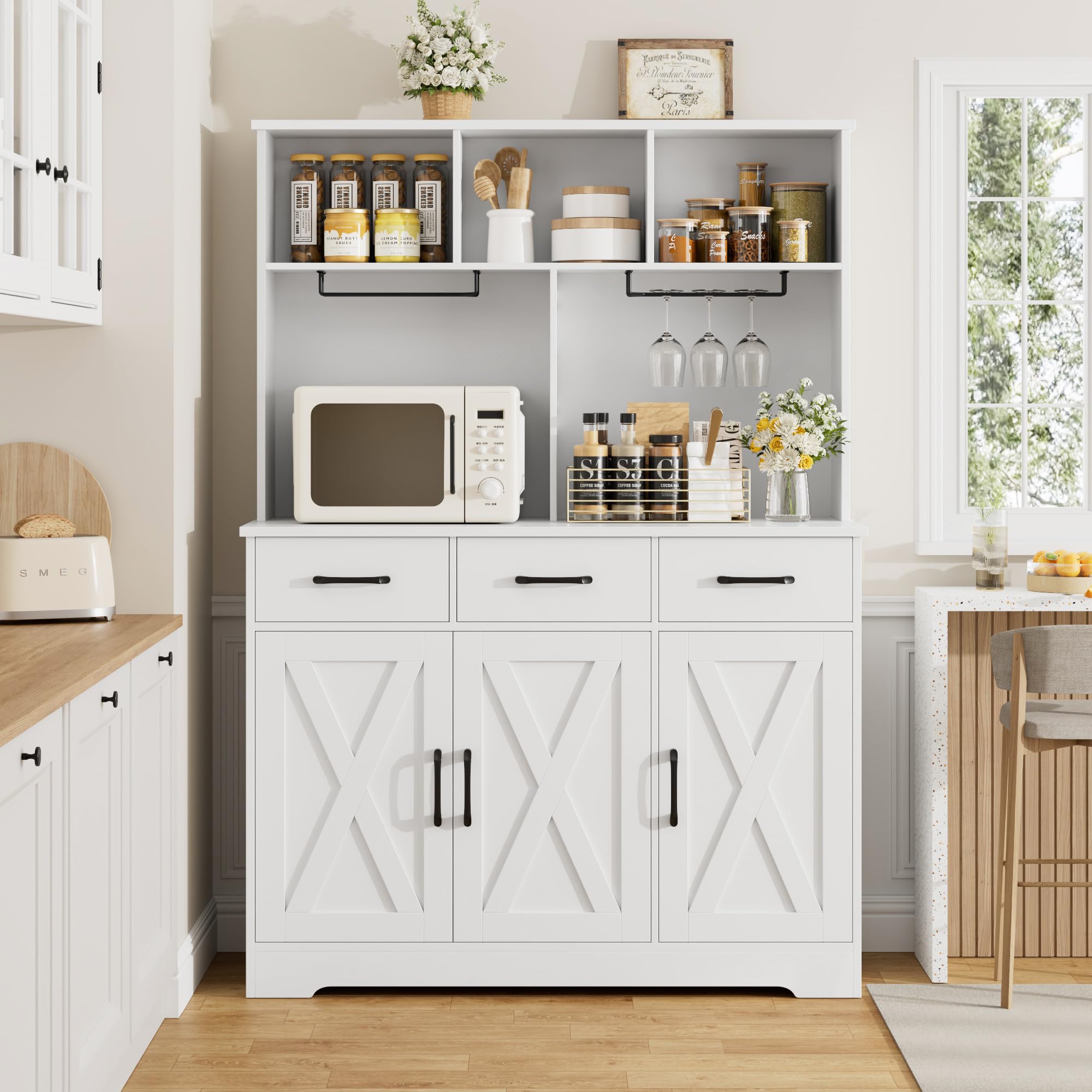 Modern Farmhouse Buffet Cabinet with Hutch - White Kitchen Sideboard Storage with 3 Drawers & Barn Door - Coffee Bar Station & Liquor Cabinet for Dining Room, Living Room - Perfect for Entertaining & Home Decor