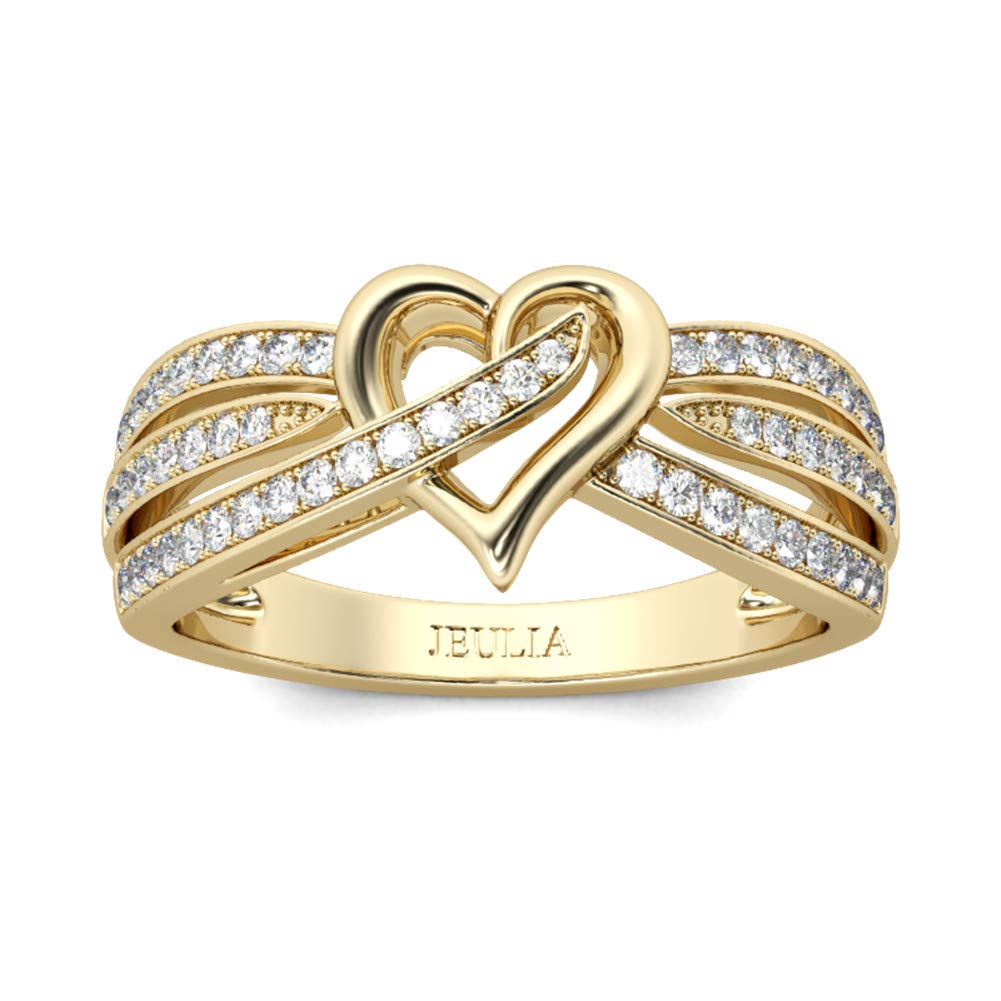 Jeulia 14K Gold Plated Heart Wedding Band - Personalized Curved Multi-Row Engagement Ring with Round Cut Cubic Zirconia - Sterling Silver Promise Ring for Women, Anniversary & Bridal Jewelry - Perfect for Weddings, Proposals & Romantic Gifts