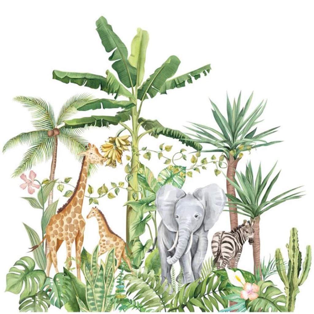XXIAO Tropical Rainforest Animal Wall Stickers - Elephant & Giraffe Cartoon Decals, Nordic Plant Designs for Kids Bedroom, Living Room & Corridor Decor | Easy Peel & Stick Wall Art for Nursery, Playroom & Home Decor