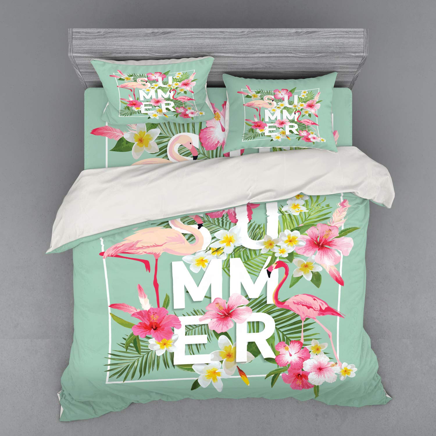 Ambesonne Floral Duvet Cover Set - King Size 4-Piece Bedding with Tropical Flowers & Flamingos Design, Mint Green & Pink Retro Wedding Romance Style, Includes Shams & Fitted Sheet - Perfect for Master Bedroom, Guest Room & Bohemian Home Decor