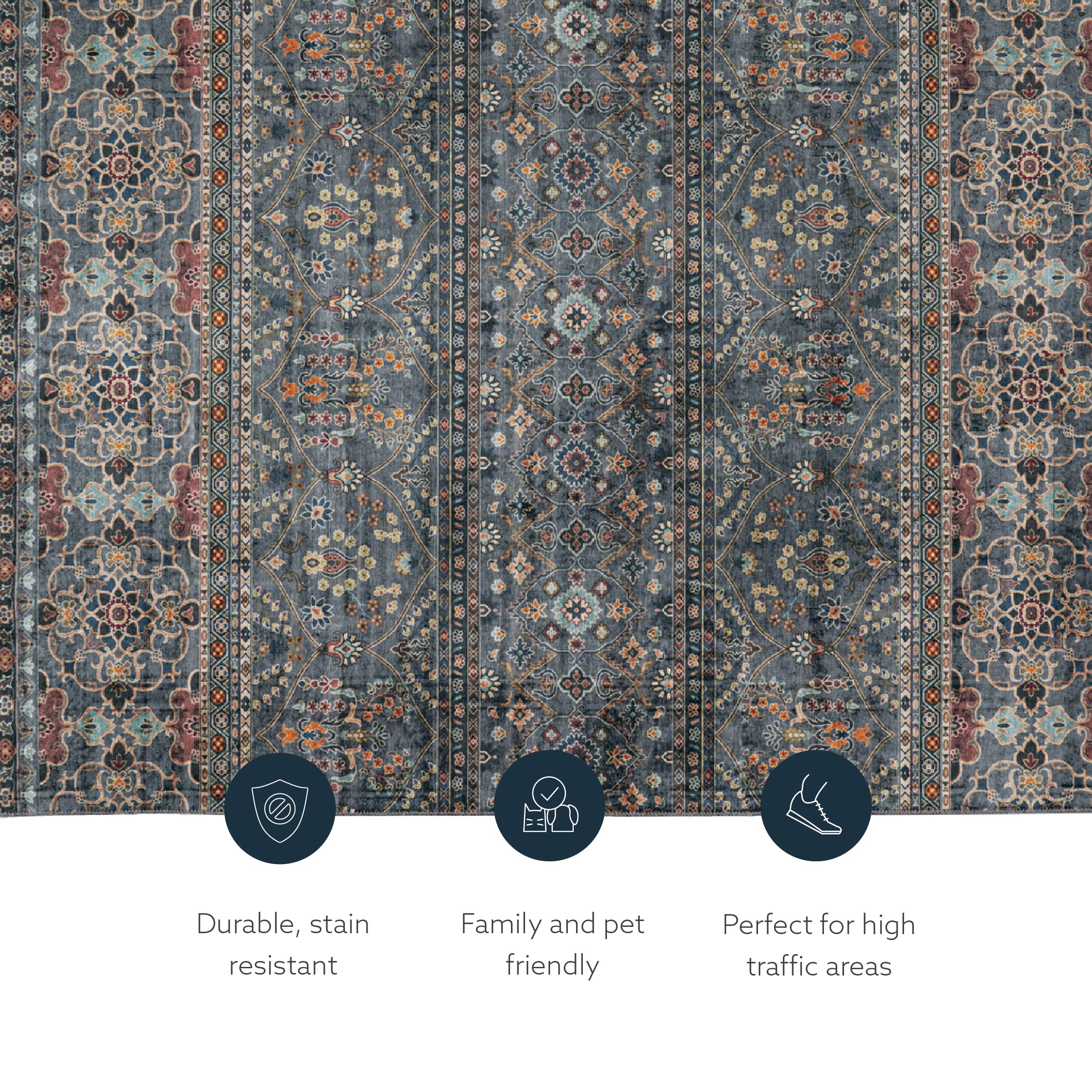 Linon Washable Area Rug 5' x 7' - Jasper Teal & Ivory Indoor/Outdoor Rug - Soft Non-Slip Floor Mat for Living Room, Bedroom, Patio & Office Decor