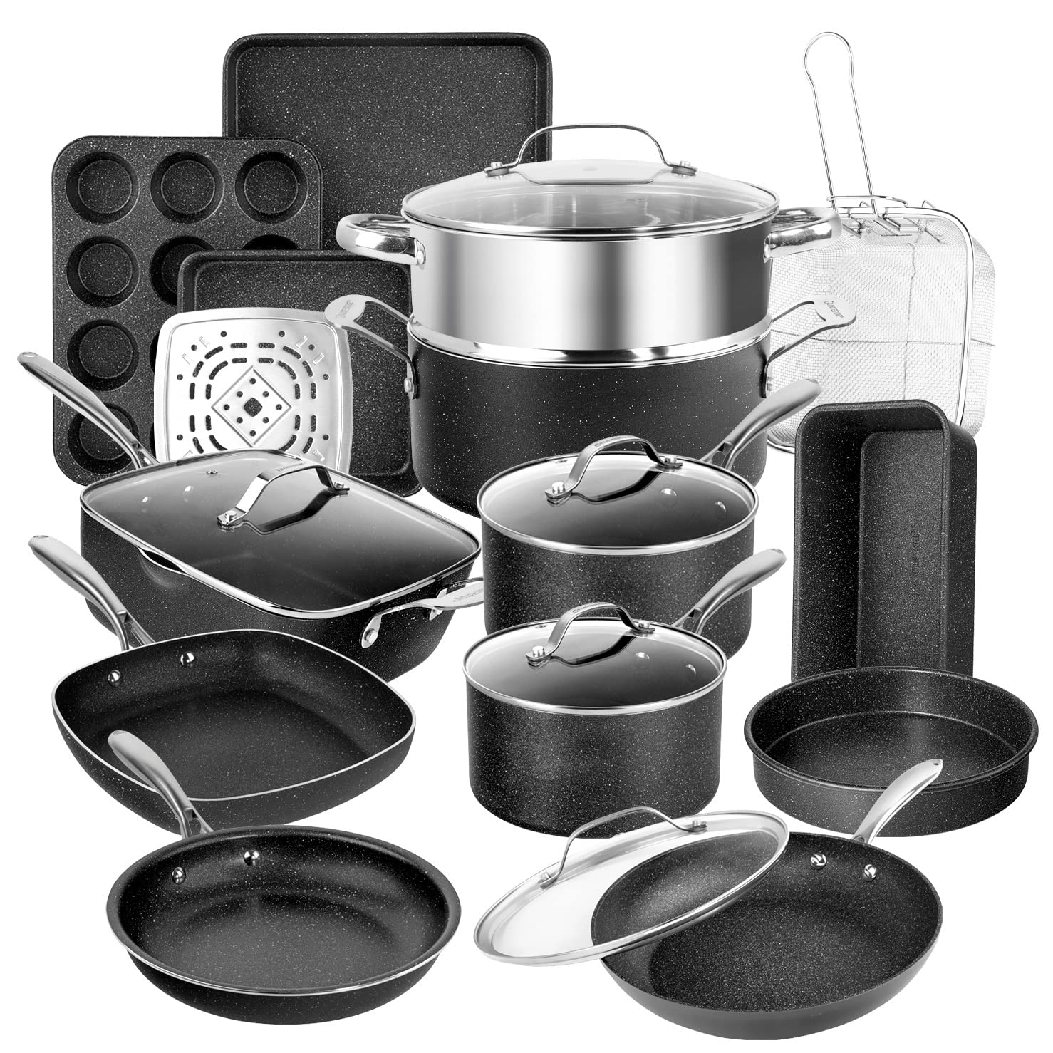 Granitestone Pro 20-Piece Nonstick Cookware and Bakeware Set - Hard Anodized Diamond Coating, Stainless Steel Cool-Touch Handles, Oven & Dishwasher Safe - Perfect for Home Cooking, Baking, and Family Meals