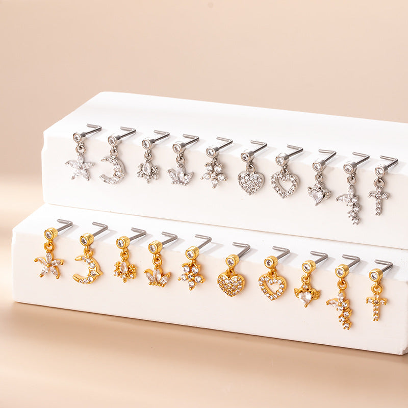 20G Gold Heart Dangle Nose Studs - Hypoallergenic Surgical Steel Nose Ring Jewelry for Women | Perfect for Parties, Date Nights & Everyday Wear (HSPJ766)