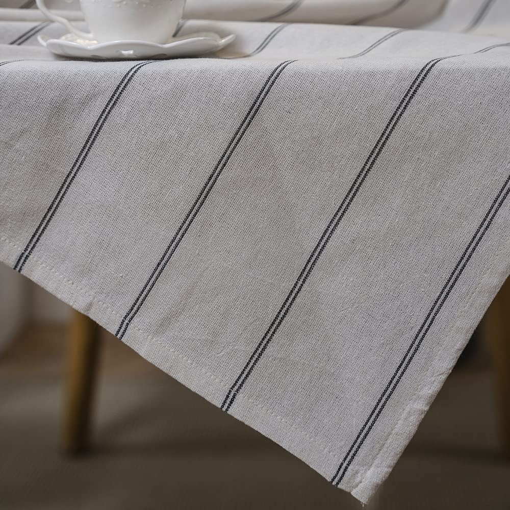ArtBud Cotton Linen Tablecloth - Heavy Duty Boho Farmhouse Style Washable Table Cover with Burlap Striped Design (55