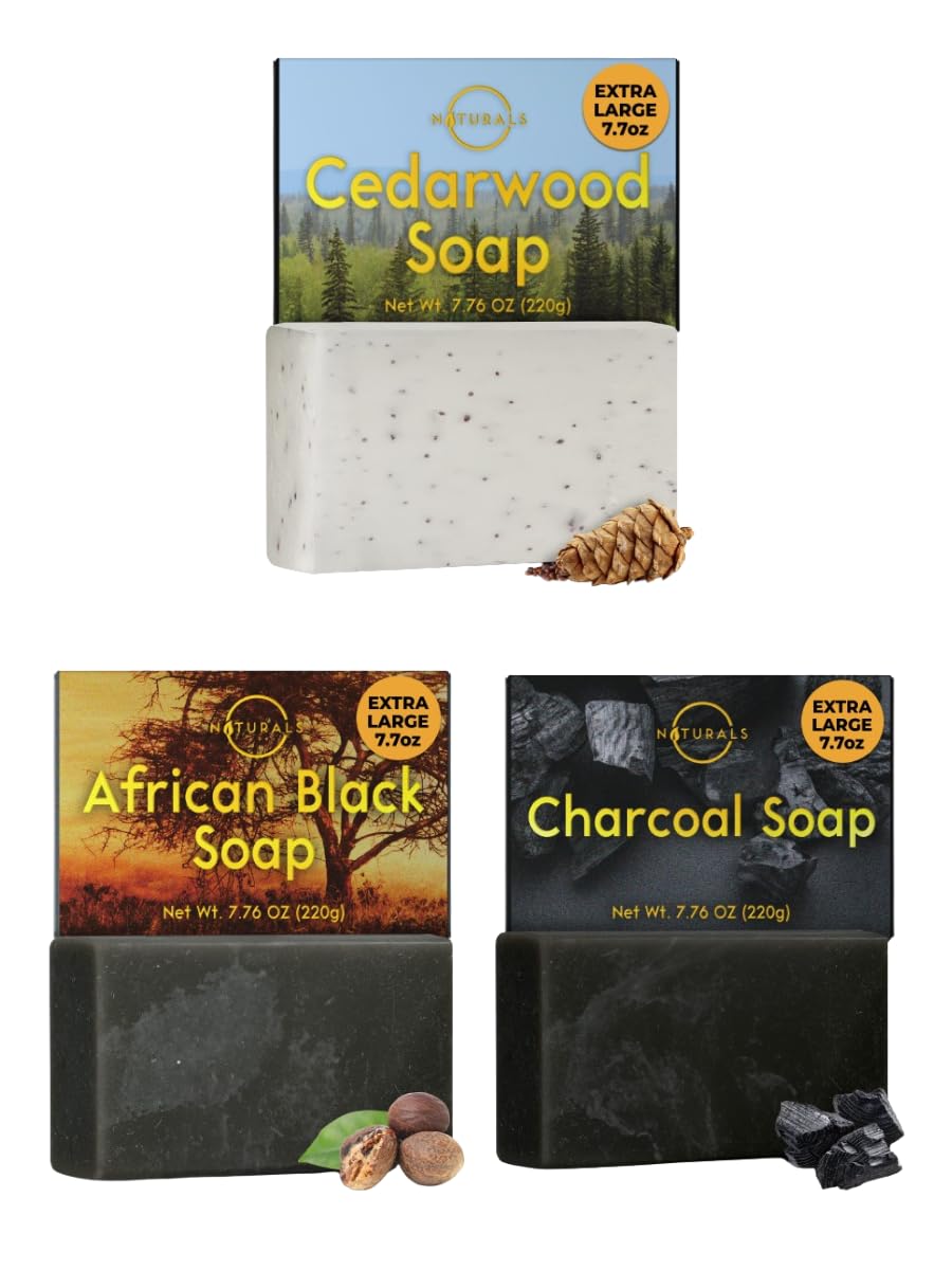 O NATURALS Exfoliating Soap Bar with Cedarwood & Charcoal | African Black Soap for Men | Organic Face & Body Cleanser | Moisturizing Bar Soap for Acne & Oily Skin | Perfect for Daily Shower & Skincare Routine