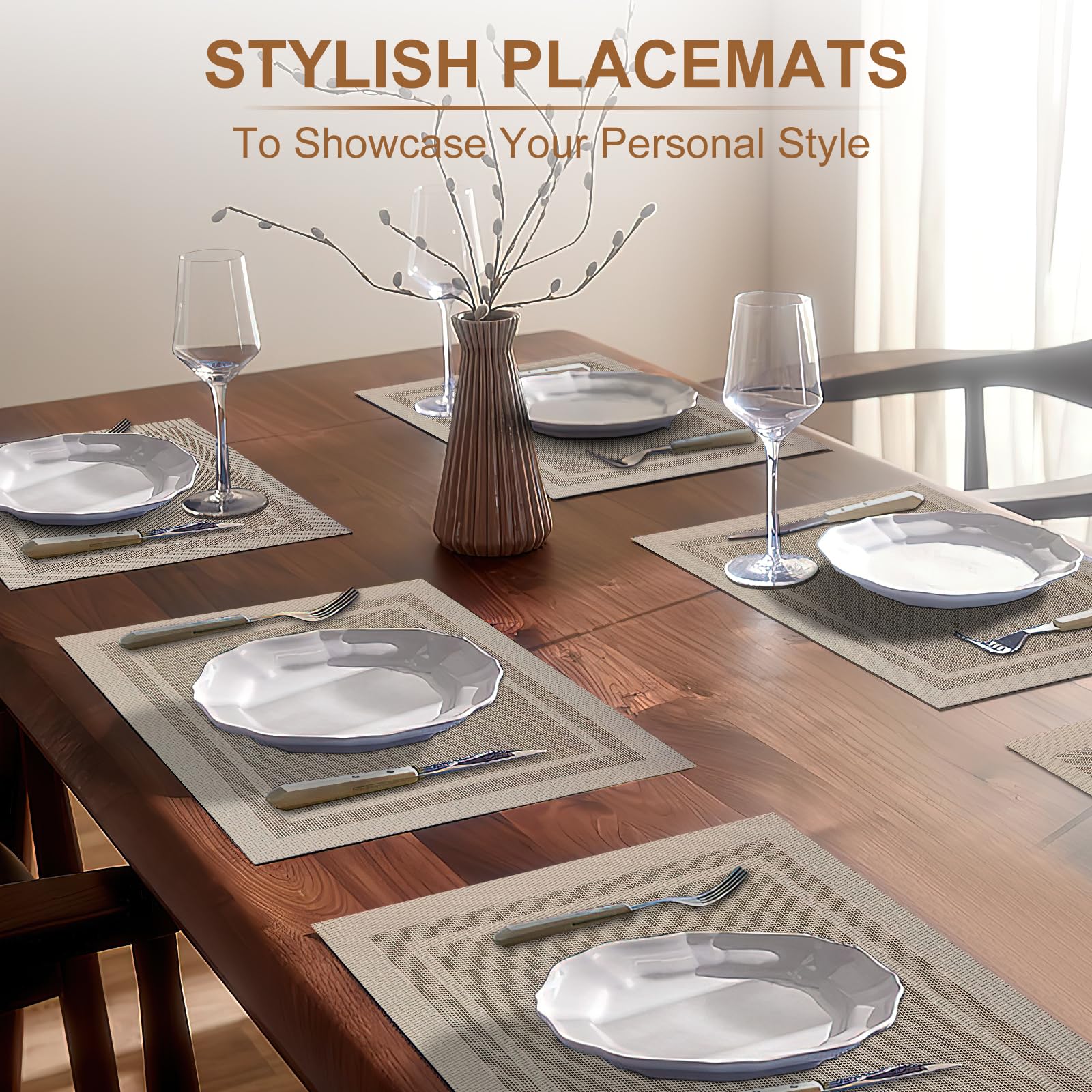 6-Piece Boho Woven Placemats Set - Waterproof Vinyl Table Mats for Indoor/Outdoor Dining - Beige Decorative Table Mats for Kitchen, Patio, and Picnic Use