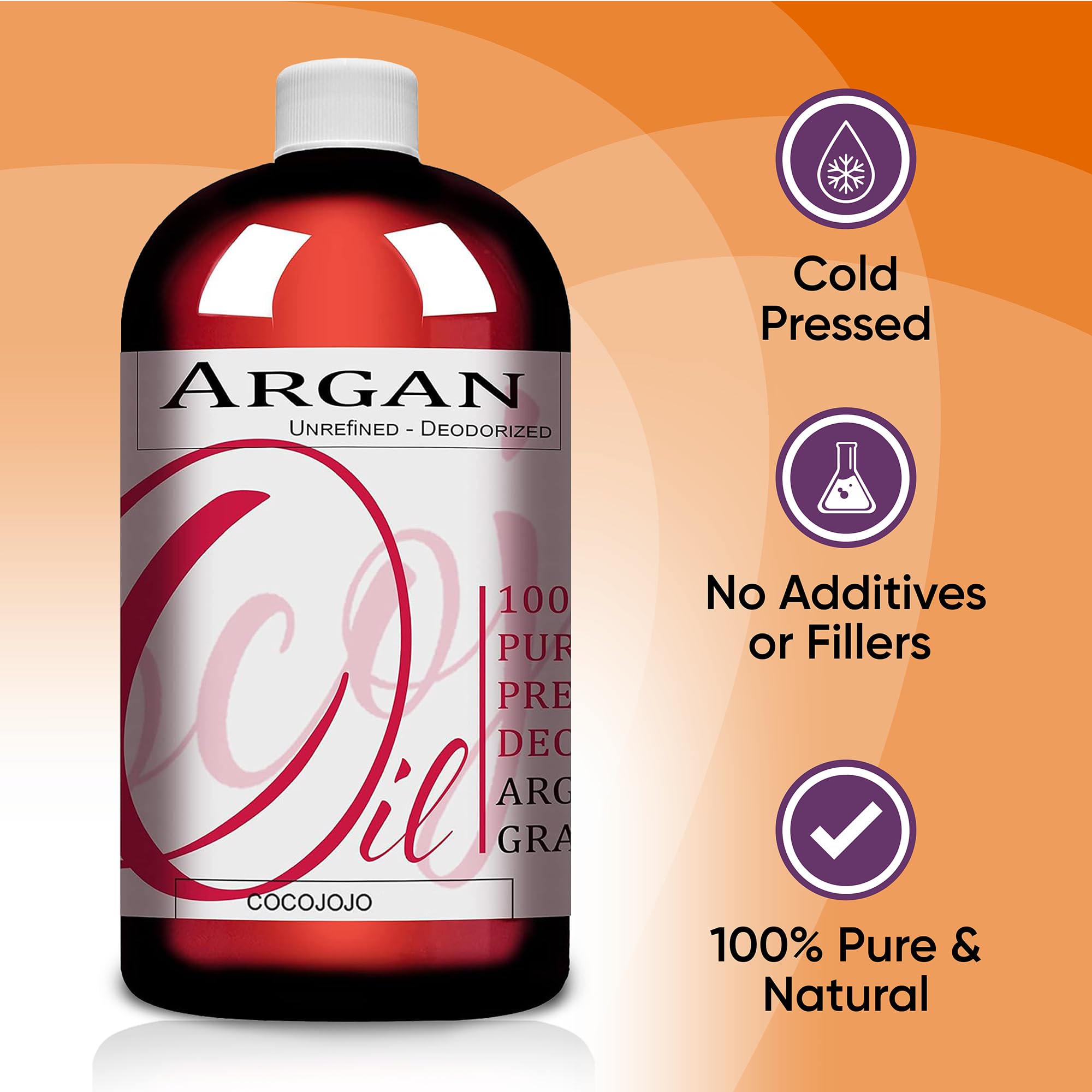 100% Pure Organic Cold Pressed Extra Virgin Argan Oil - Unrefined Unscented for Hair & Face Treatment - 32 Oz (Pack of 1) - Hydrates Dry Hair, Reduces Frizz & Nourishes Skin | Perfect for Daily Hair Care & Natural Skincare Routine