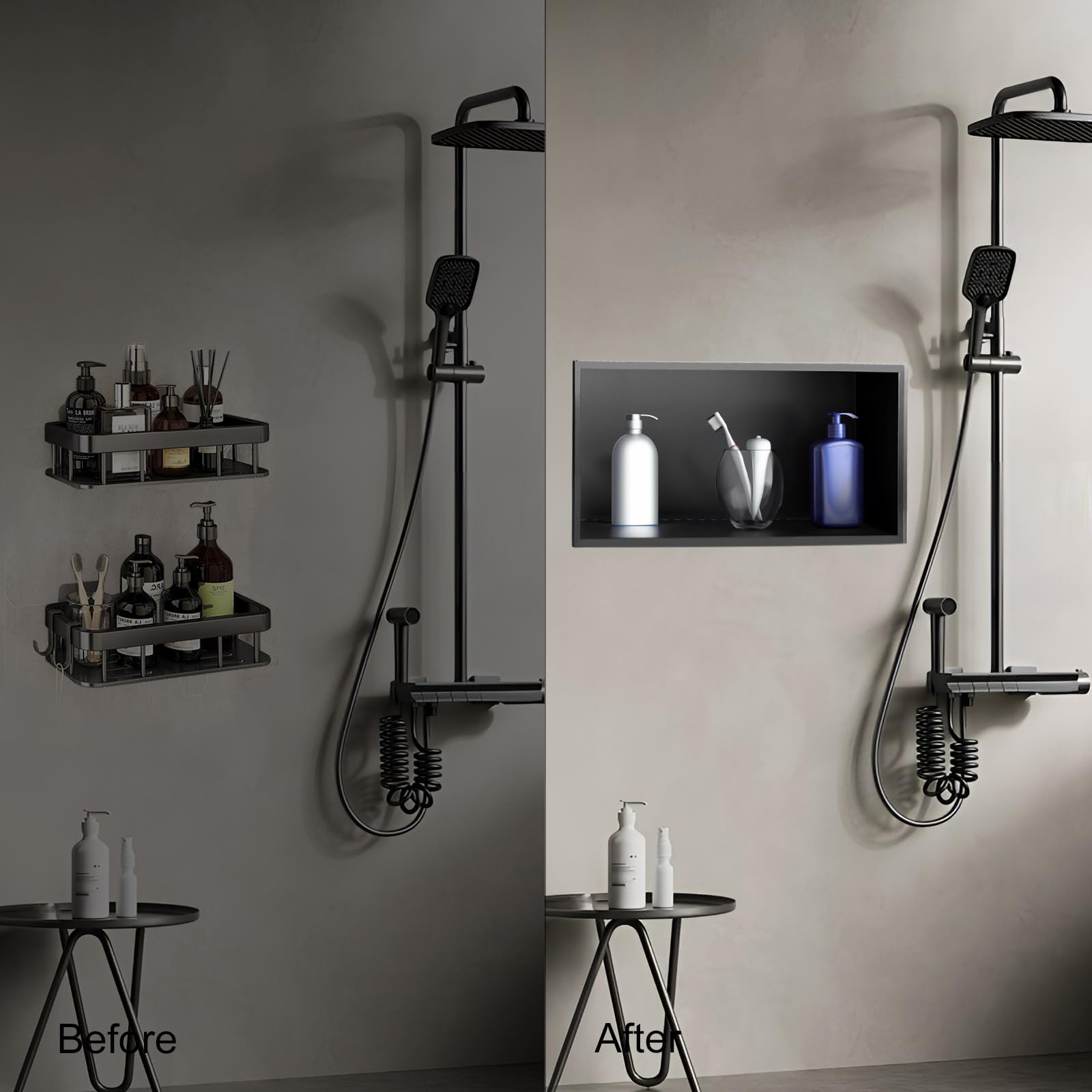 Stainless Steel Shower Niche 12x24 Inch - No Tile Needed Bathroom Recessed Storage Shelf - Matte Black Waterproof Shower Organizer for Shampoo, Soap & Bath Essentials