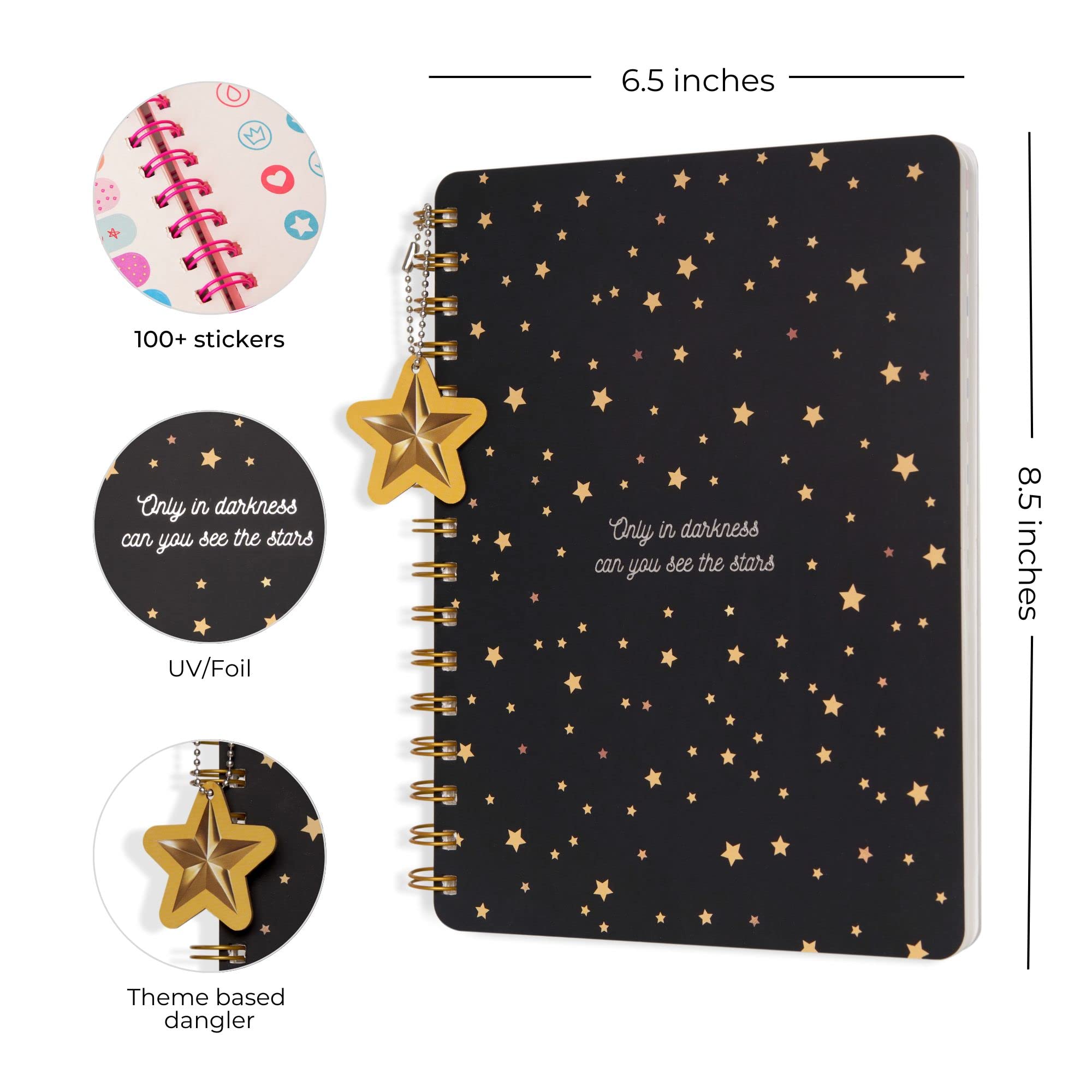 DOODLE B5 Hardbound Wiro Notebook with Theme Based Dangler - 160 Undated Ruled Pages, 80gsm Acid-Free Recyclable Paper - Flat Lay Design for Comfortable Writing - Includes 2 Twinkling Stars Sticker Sheets - Perfect for Journaling, Note Taking & Creative Planning